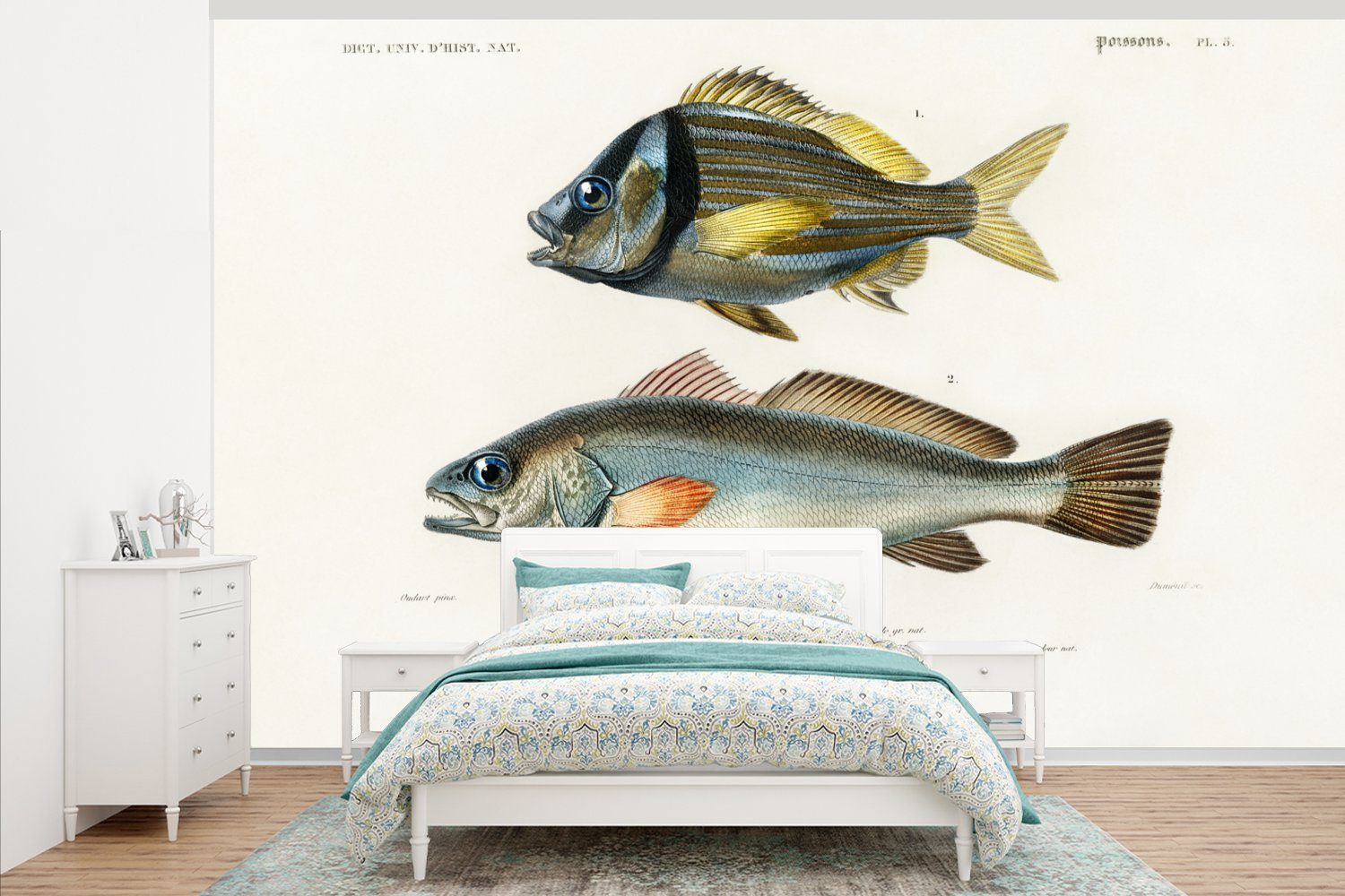 MuchoWow Fototapete Fisch - Jahrgang - Realismus, Matt, bedruckt, (7 St), Montagefertig Vinyl Tapete für Wohnzimmer, Wandtapete