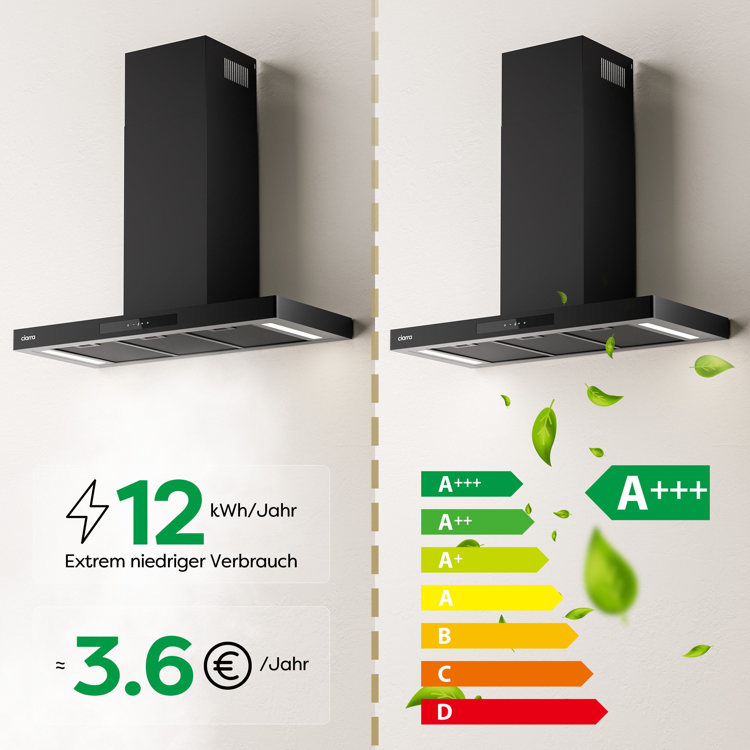 CIARRA Wandhaube 90 cm Dunstabzugshaube A+++ 700 m³/h Umluft & Abluft 4 Stufen VMB9102P Aktivkohlefiltern, Fettfiltern, LED, WIFI-APP Touch Control mit BOOST – Bild 3 von 5