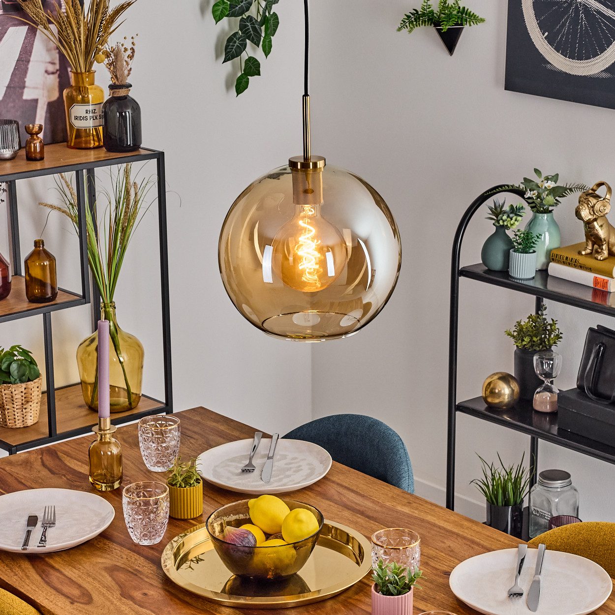 hofstein Hängeleuchte Hängelampe aus Metall/Glas in Schwarz/Gold-/Bernstein günstig online kaufen