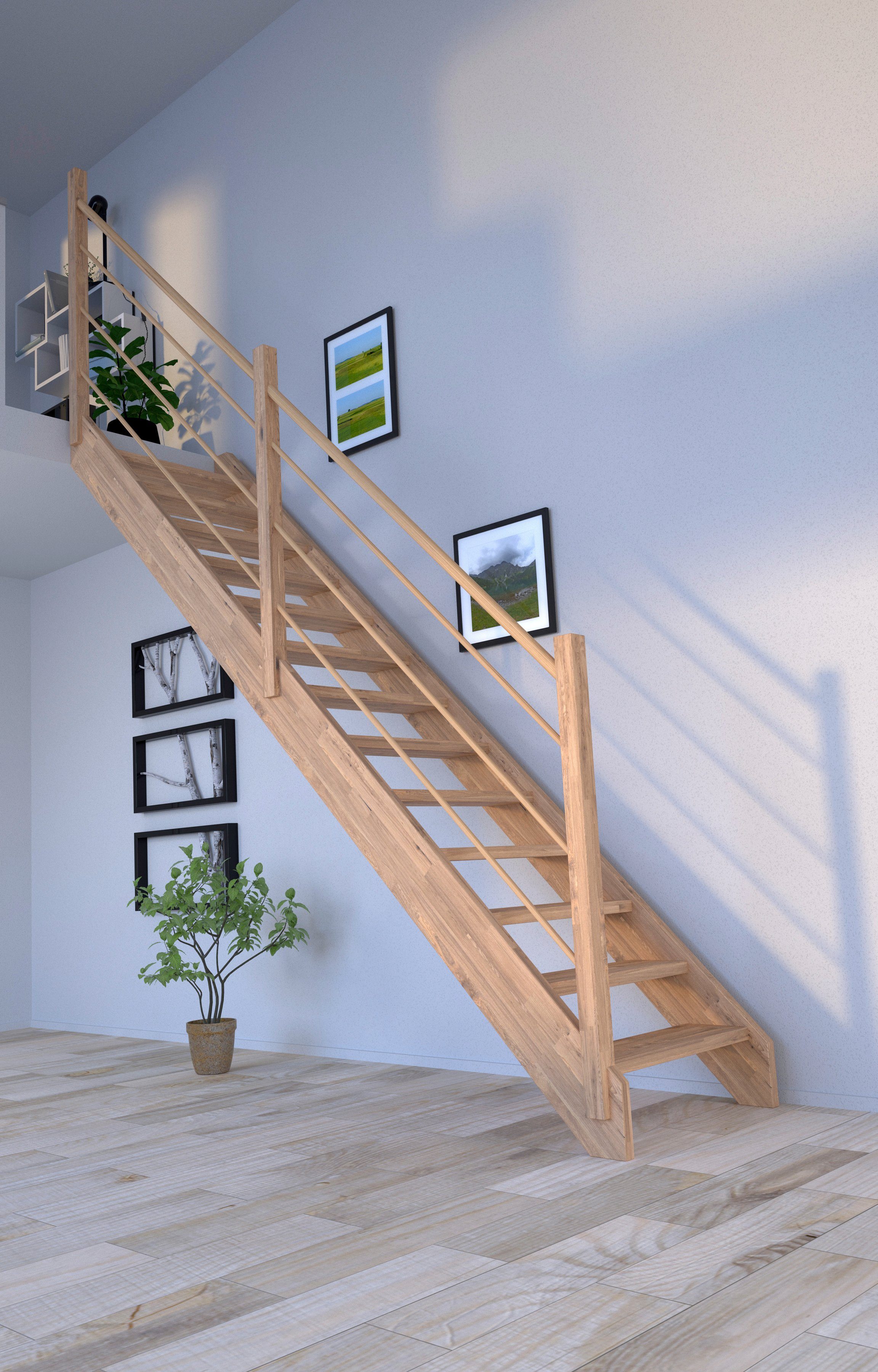 Starwood Systemtreppe Massivholz Mykonos, Holz-Holz Design Geländer Links, für Geschosshöhen bis 280 cm, Stufen offen, Durchgehende Wangenteile