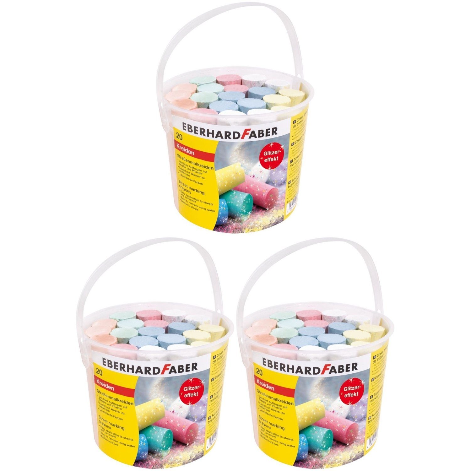 Faber-Castell Malkreide 526520-x3 Set 3x 20er Eimer Straßenmalkreide Glitzer