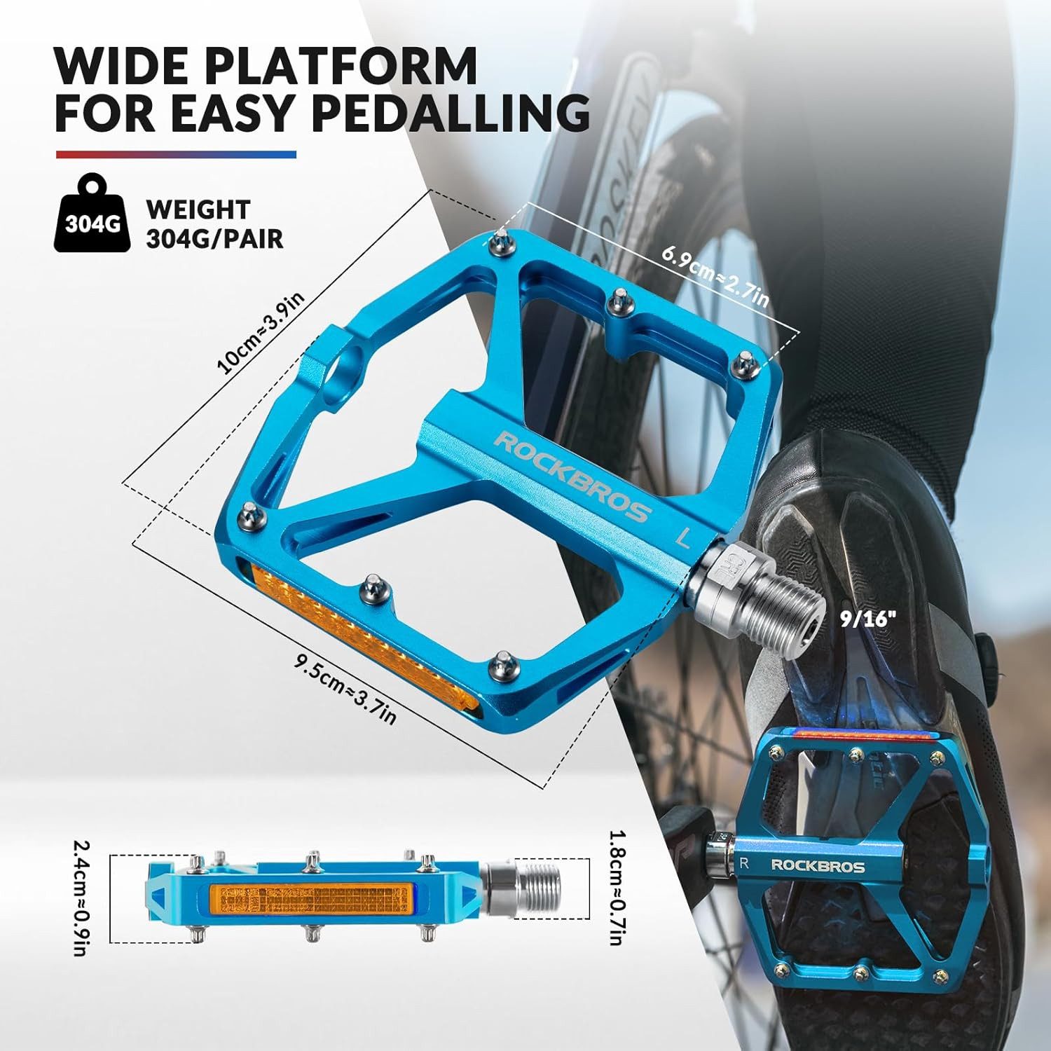 ROCKBROS Fahrradpedale Rutschfeste Alu Fahrradpedale mit Reflektor 9/16 Zoll für MTB&E-Bike