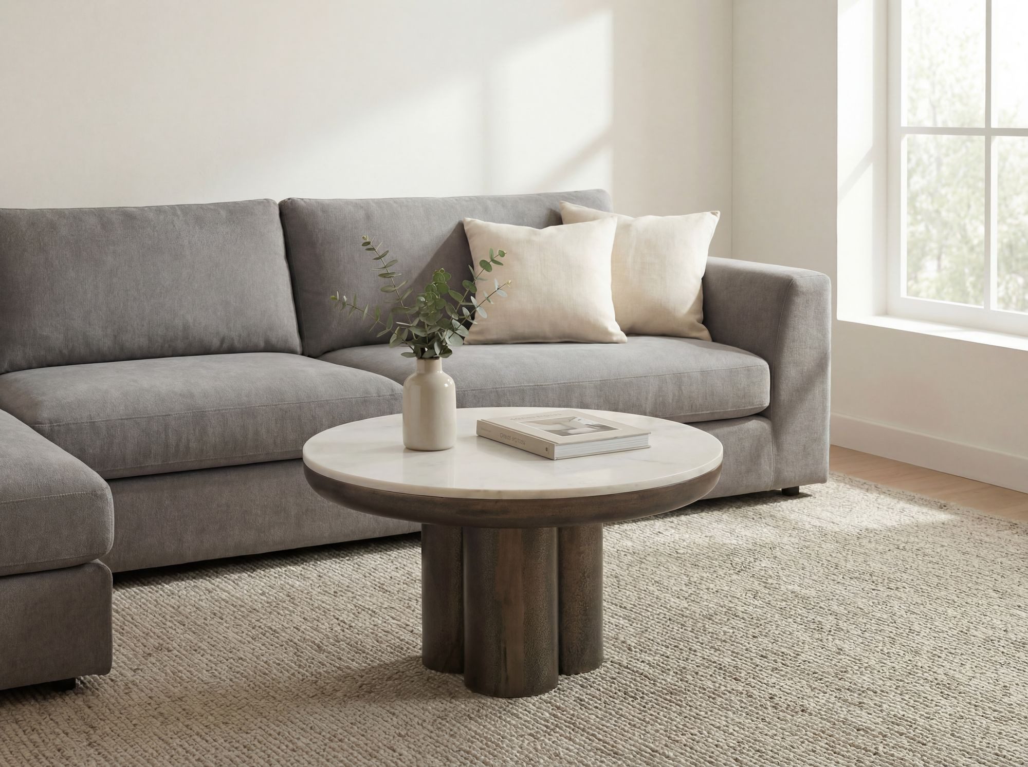 FINEBUY Couchtisch FB116659 60cm mit Marmor Platte weiß Wohnzimmertisch Beistelltisch Alu (Extravaganter Tisch in massiver Säulenoptik), Glatte Marmorplatte auf dunklem Aluminium