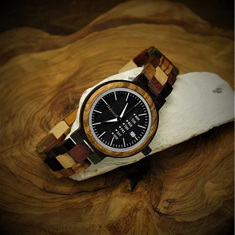 Holzwerk Quarzuhr kleine Holz schwarz mit Uhr in braun Damen Datum & TEUTONIA Armband