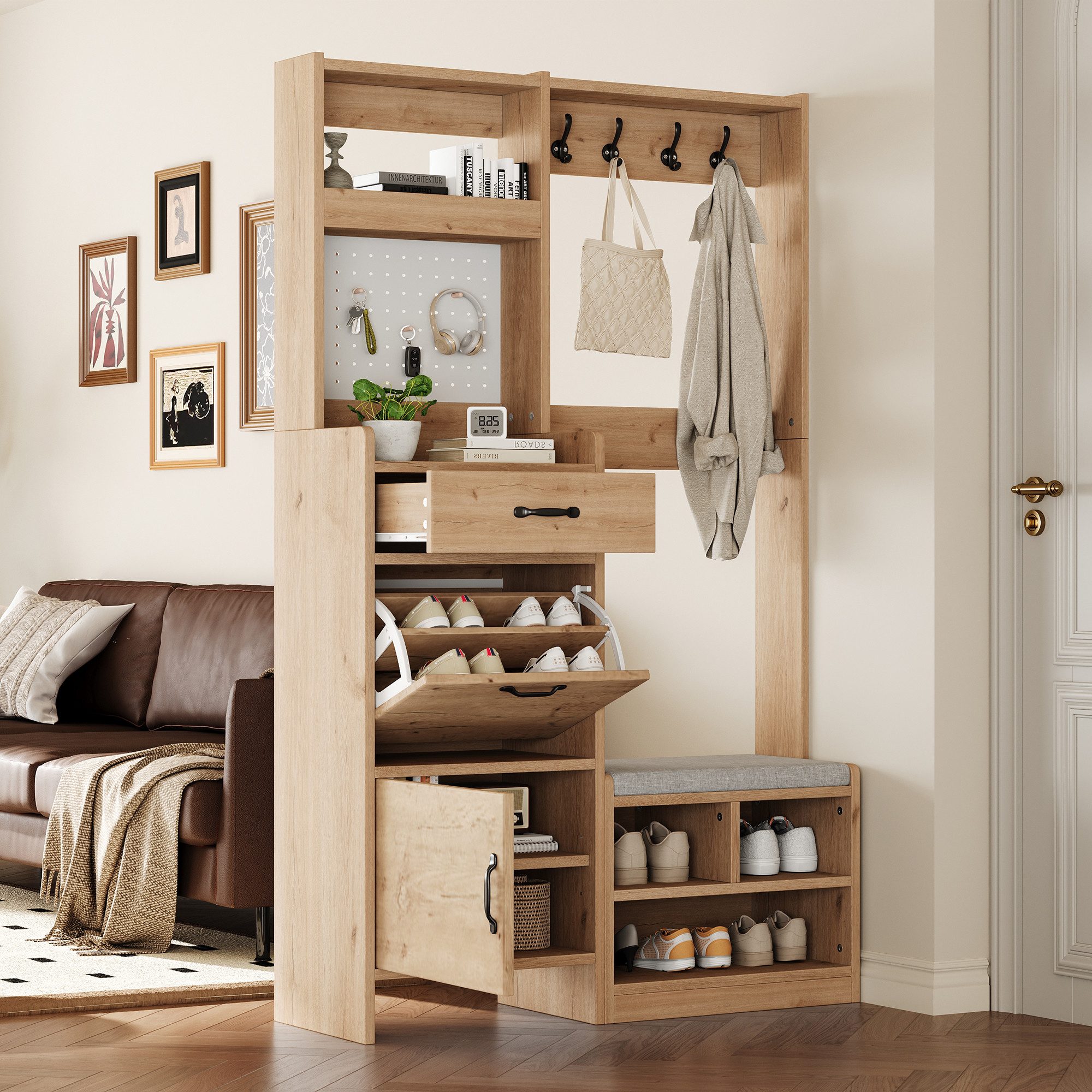 Flieks Garderoben-Set mit Schuhschrank, Sitzbank, 4 Haken, Pegboard, Klappen & Schubladen, (B108,5xT35xH180 cm, 1-St., Holzoptik), Garderobenständer mit Schuhre – Bild 3 von 5