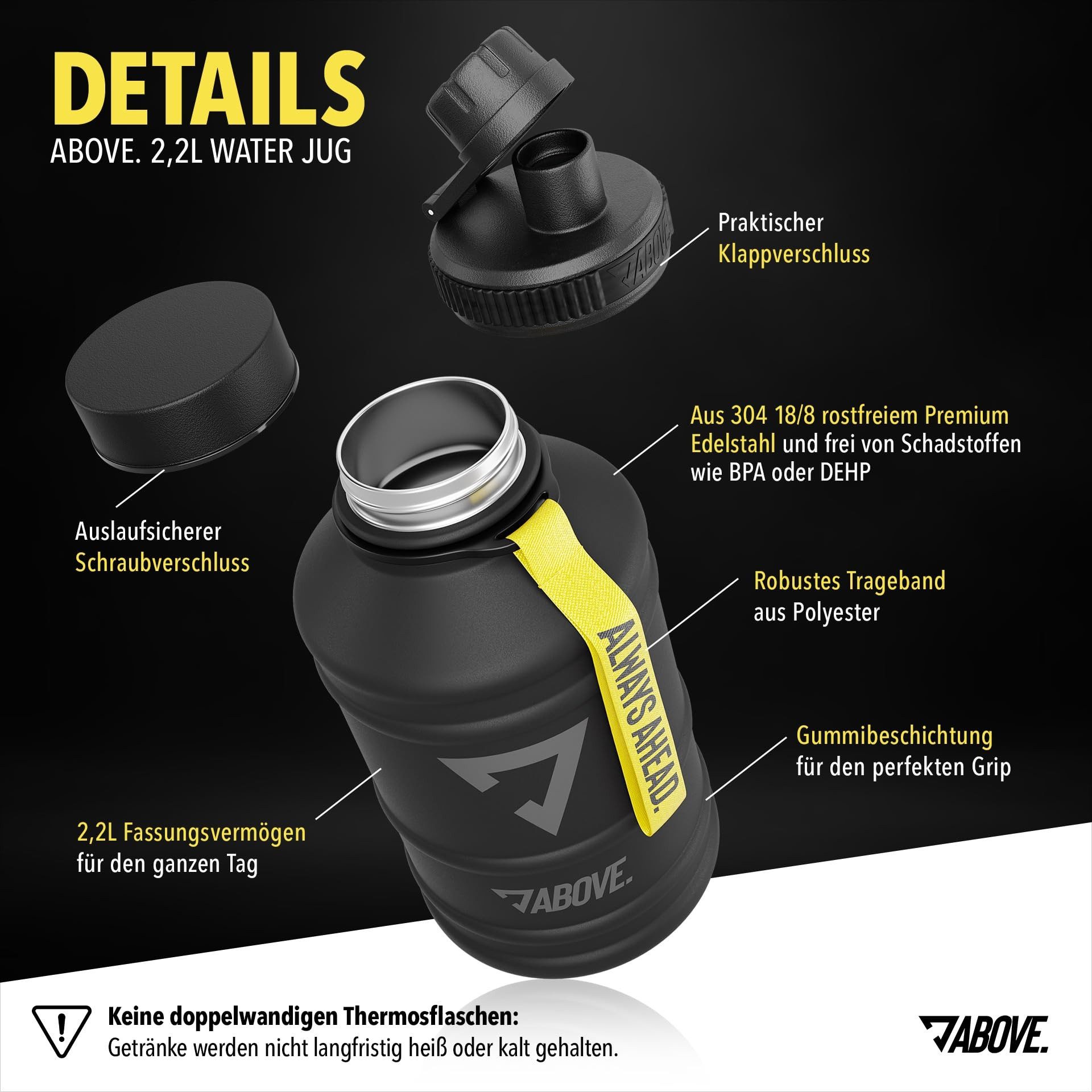 ABOVE. Trinkflasche Edelstahl Trinkflasche 2.2L – BPA-frei, Auslaufsicher & Robust – 2L, mit Extra Trinkverschluss für Sport, Fitness & Outdoor