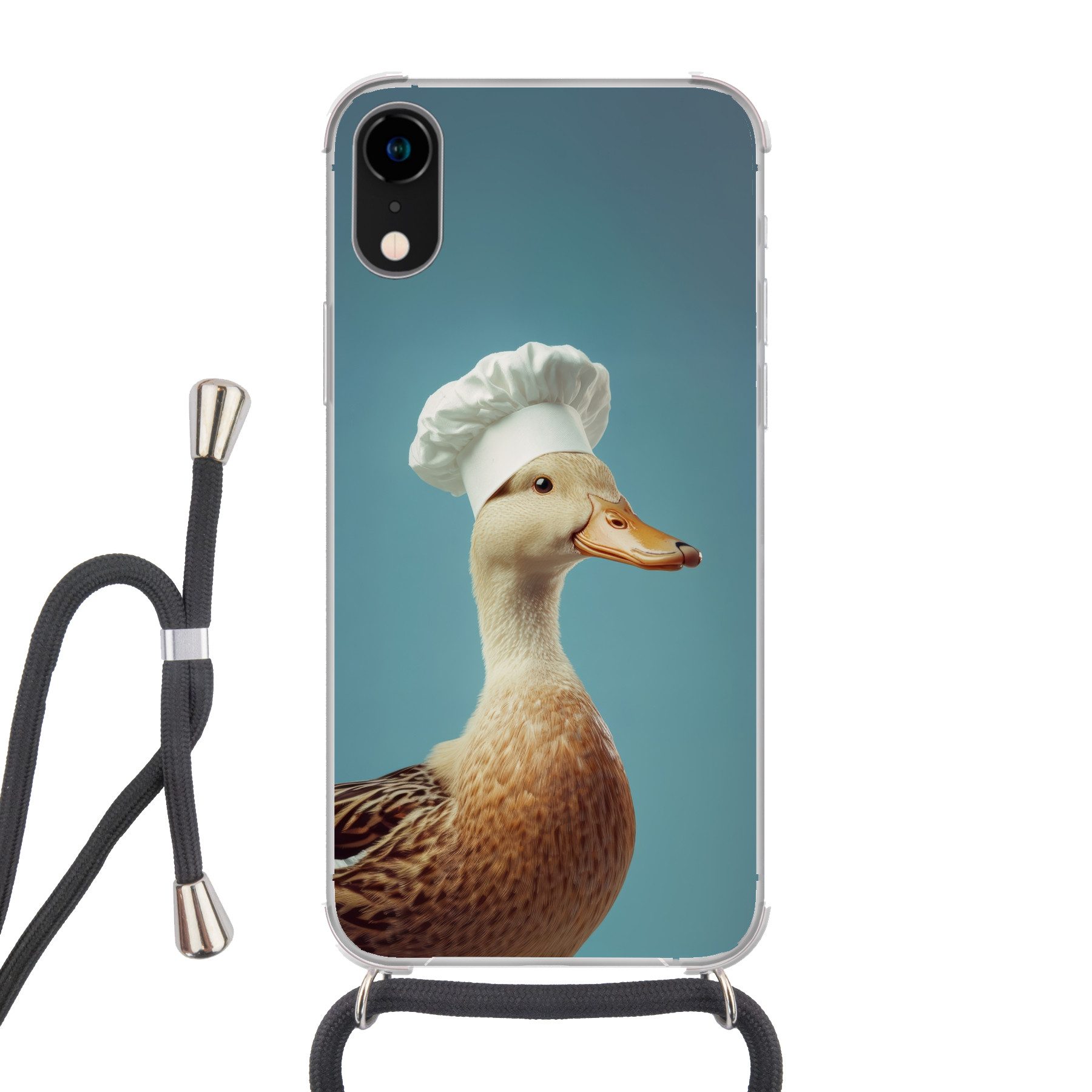 MuchoWow Handyhülle für Apple iPhone XR Ente - Kochmütze - Niedlich - Vogel, Tragbare Handyhüllen mit Kette zum umhängen, Handykette Handyband