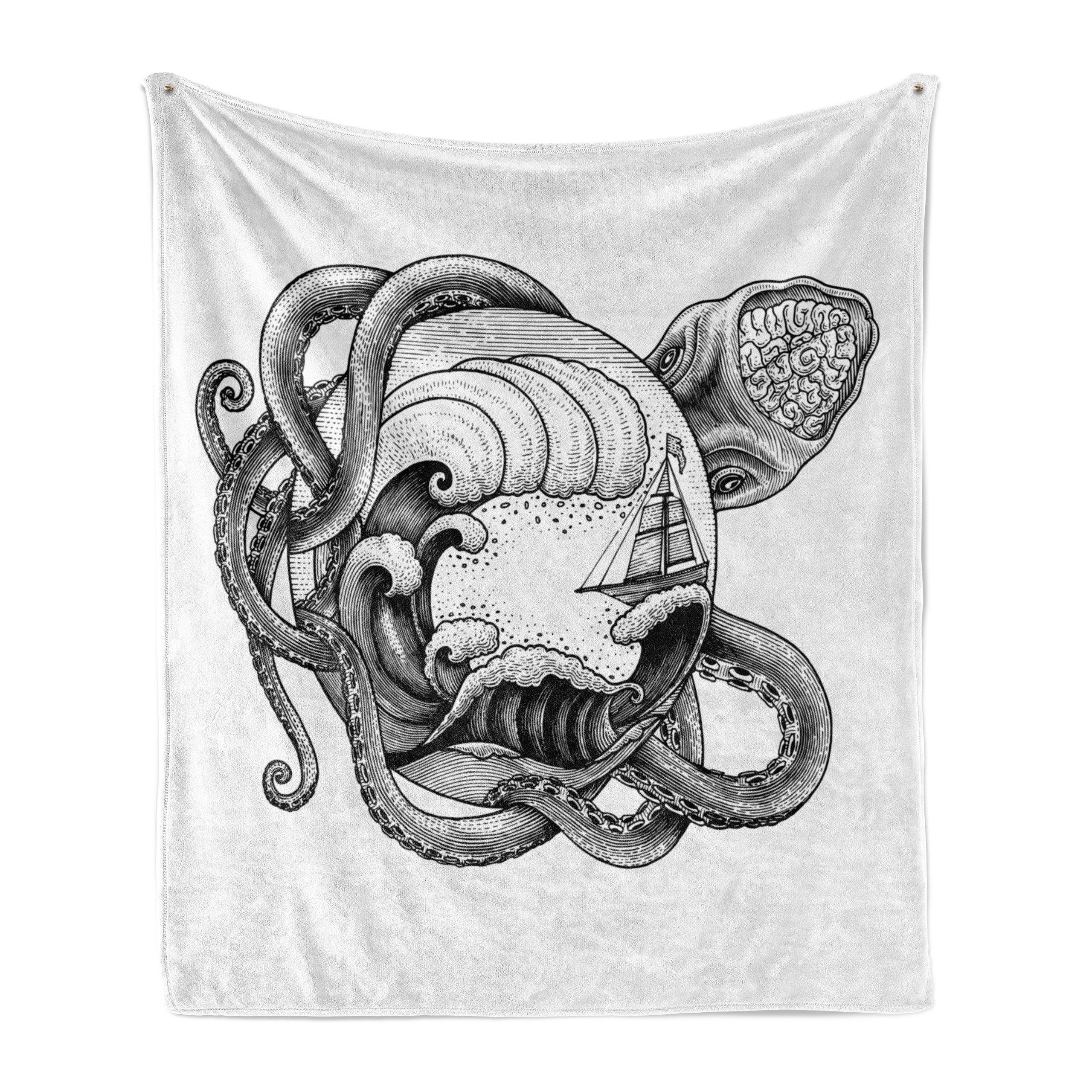 Wohndecke Gemütlicher Plüsch für den Innen- und Außenbereich, Abakuhaus, Vintage Nautical Tattoo Zusammenfassung Octopus