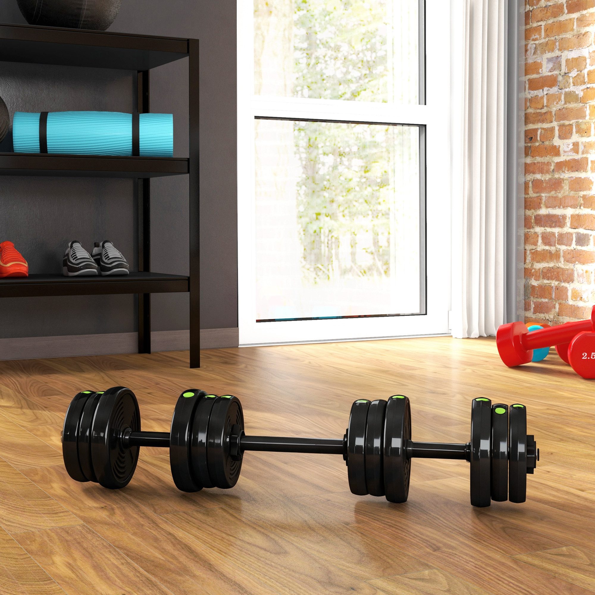SPORTNOW Hantel-Set 20 kg verstellbar mit 12 Hantelscheiben, bodenschonend, Fitness, (Dumbbell Set, 2-in-1 Hantel- und Langhantelset), für vielseitiges Training, Schwarz+Grün
