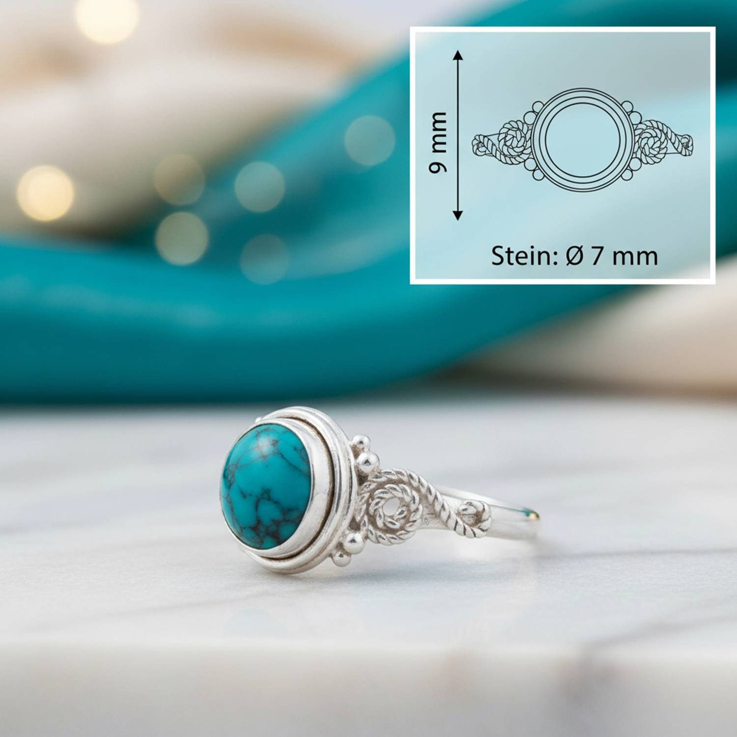 mantraroma Silberring WATU aus 925 Silber mit Türkis (Ring mit Schmuckbeutel), Damenring aus 925er Silber