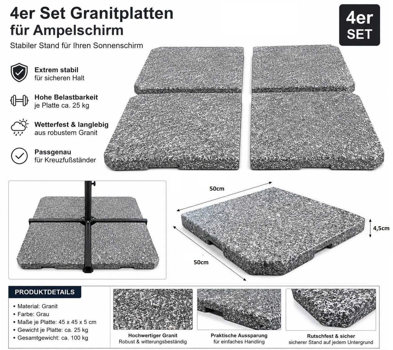 Gardissimo Schirmständer-Platte Granit Beschwerer Platten New Rock 4 x 30 kg Sonnenschirm Ampelschirm, Apmelschirme, Sonnenschirme, Kreußfußständer, (Spar-Set, 4-tlg., 4 Platten), 4 Stück / wetterfest / langlebig