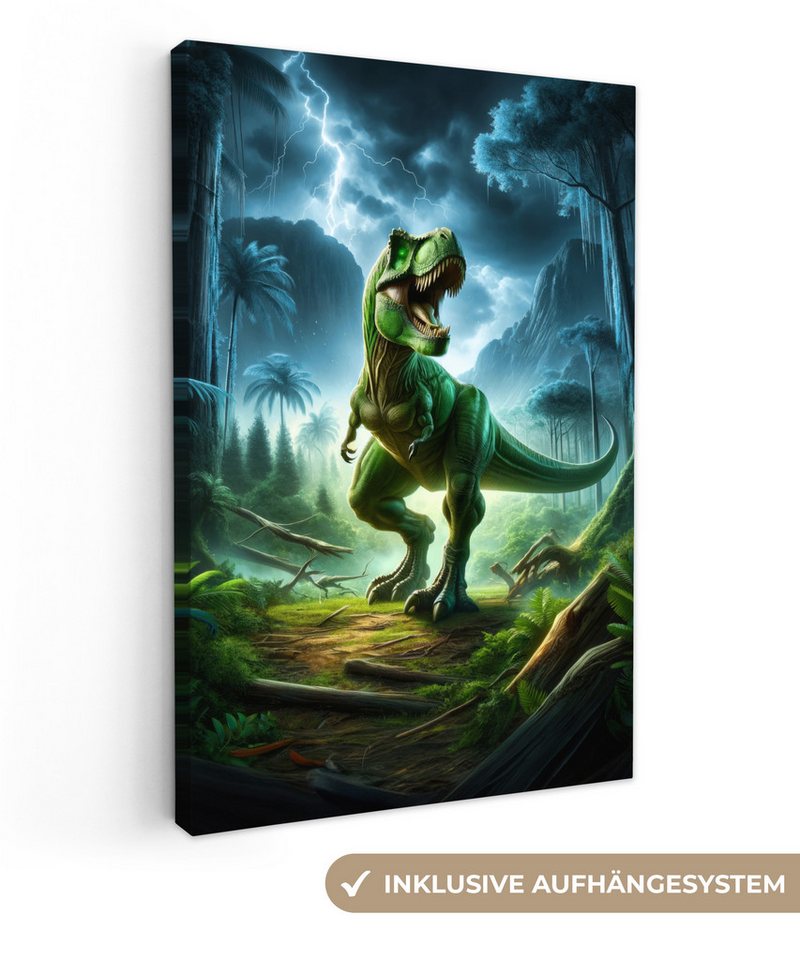 OneMillionCanvasses® Leinwandbild Dino - Jungen - Grün - Blau - T-Rex, Fotodruck (1 St), Teenager Zimmer Bild, Jugendzimmer Deko, Kinder Wanddeko, 20x30 cm
