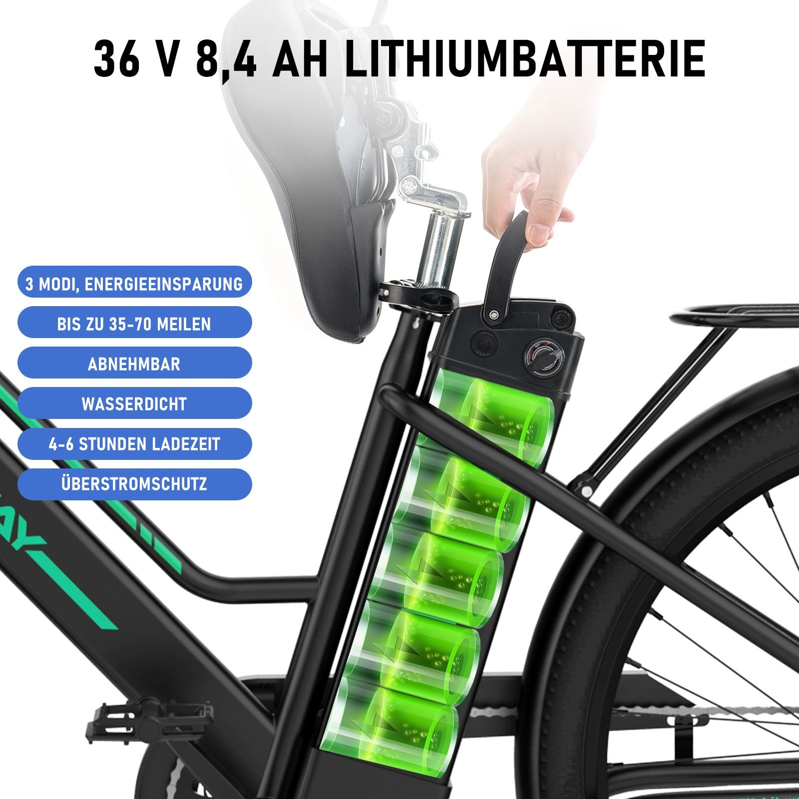 36V8.4AH Schwarz 250W HITWAY Hollandräder E-fahrräde E-Bike, Akku Abnehmbarer