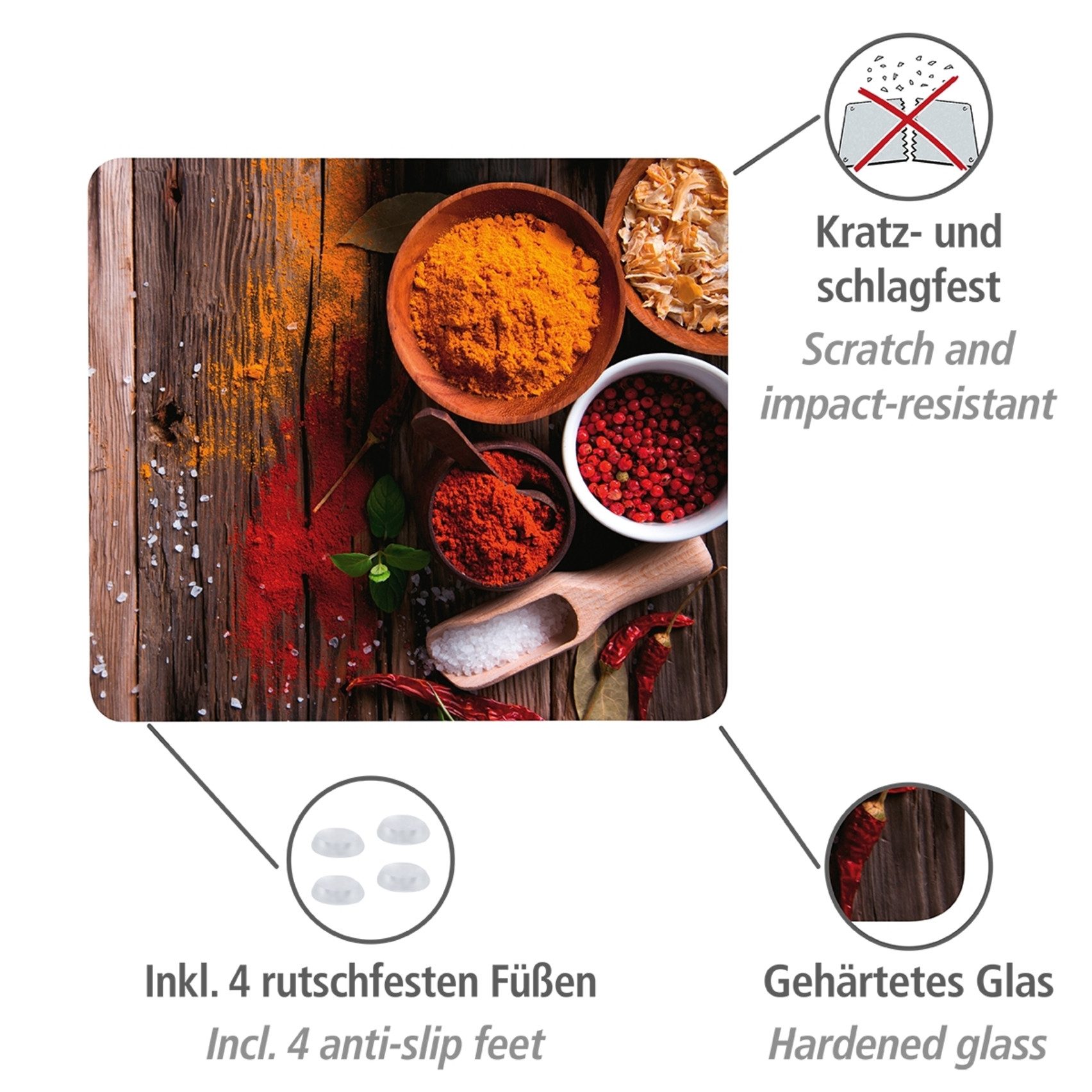 WENKO Herd-Abdeckplatte Modell Gewürze, Glas, Kunststoff, Herdabdeckung für Glaskeramik Kochfelder, Spritzschutz & Schneidebrett