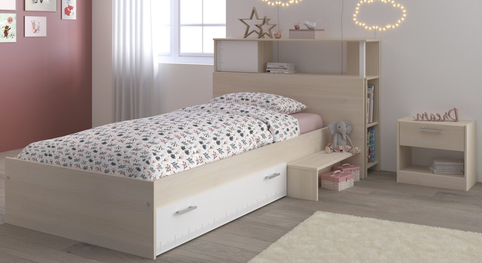 Parisot Jugendzimmer-Set Charly, (Kinderzimmer Komplett-Set, Kleiderschrank, Kommode, Nachttisch, Regal), inkl. Stauraumbett 90 x 200