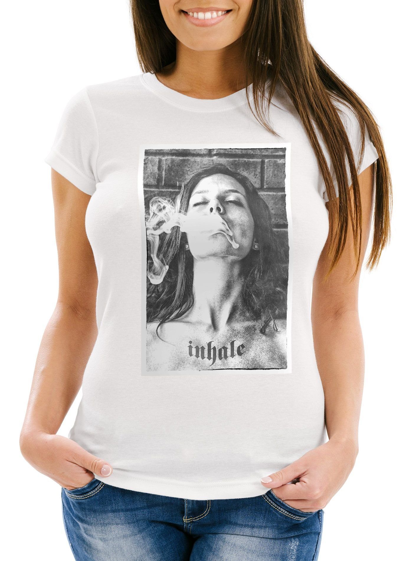 Slim Frauen Rauchen mit mit Neverless® Fit Print Inhale Neverless Weed Print-Shirt T-Shirt Damen Print