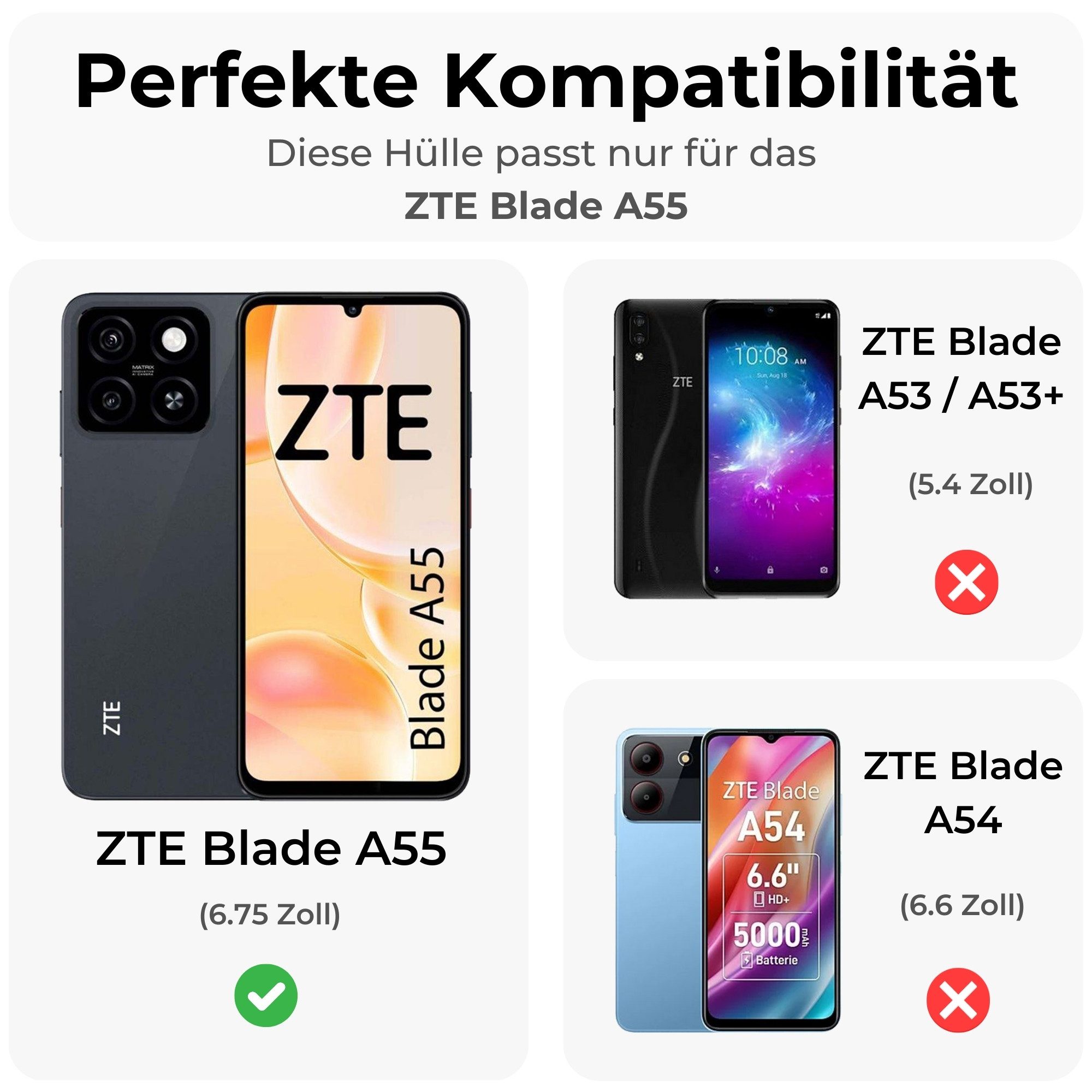 betterfon Handyhülle für ZTE Blade A55 Handytasche Handy Schutz Klapp, Bookstyle-Hülle: Magnetverschluss 3 Kartenfächer & Standfunktion