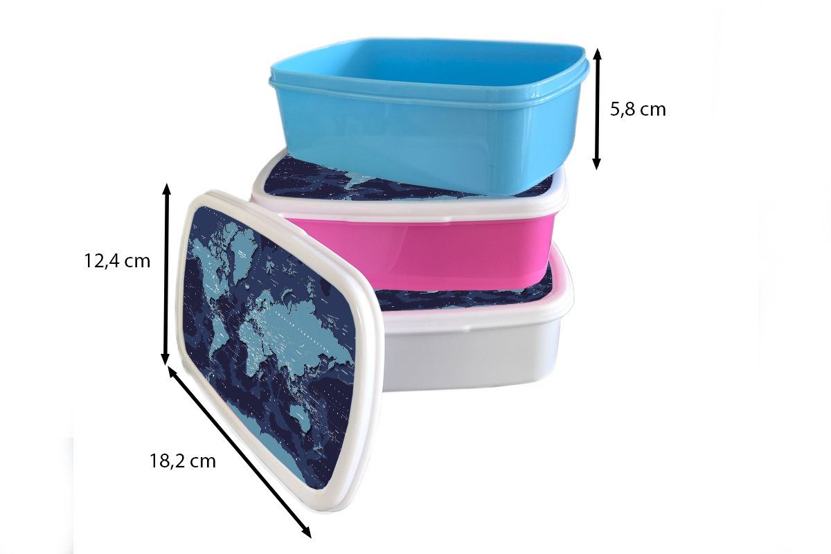 für - Jungs Mädchen Lunchbox Weltkarte Kinder für - MuchoWow Blau, Kunststoff, Erwachsene, und und weiß Abstrakt Brotdose, Brotbox (2-tlg),