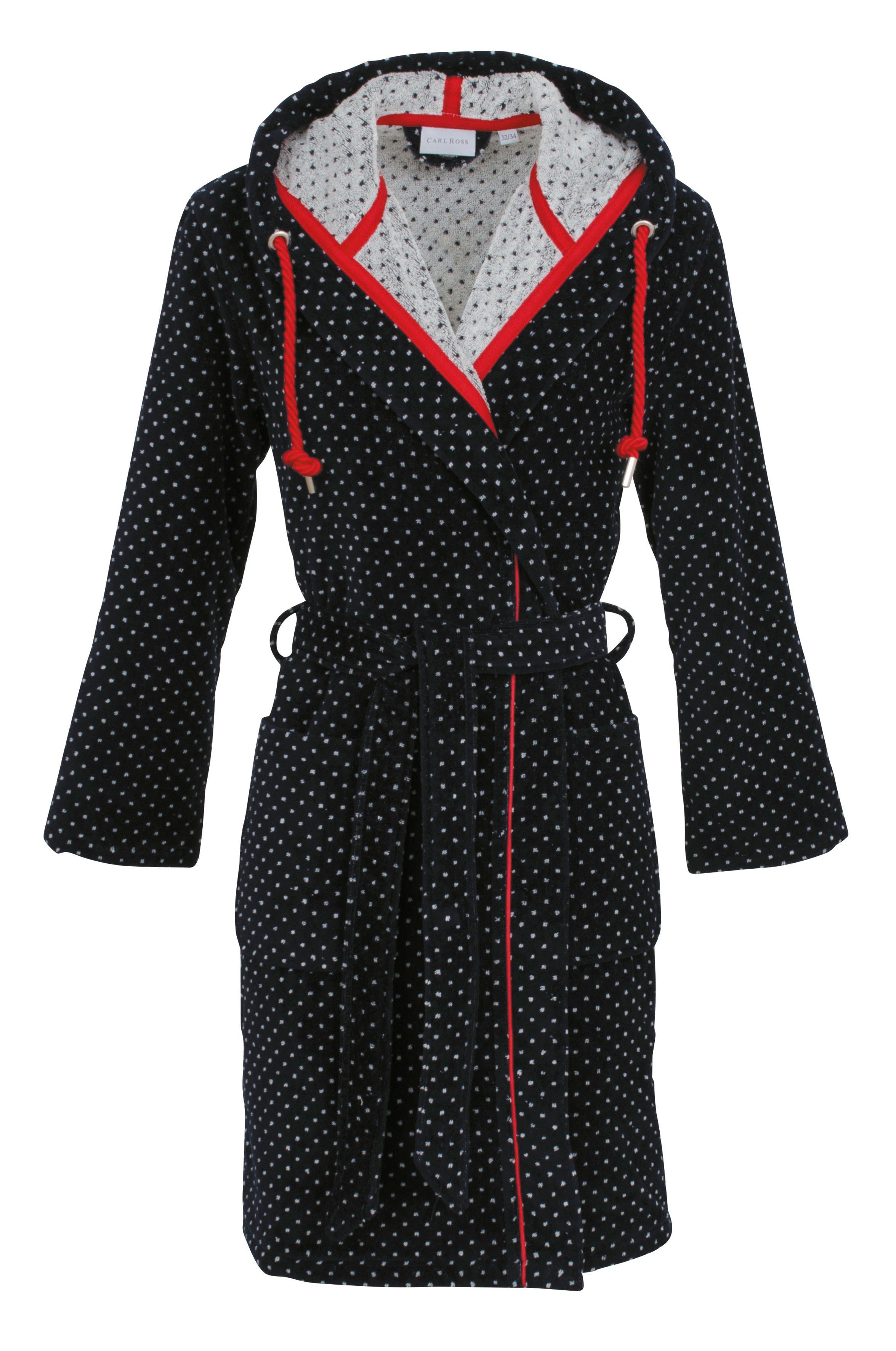 Carl Ross Damenbademantel 405310, Kurzform, Velours, Kapuze, Gürtel, Kurzform