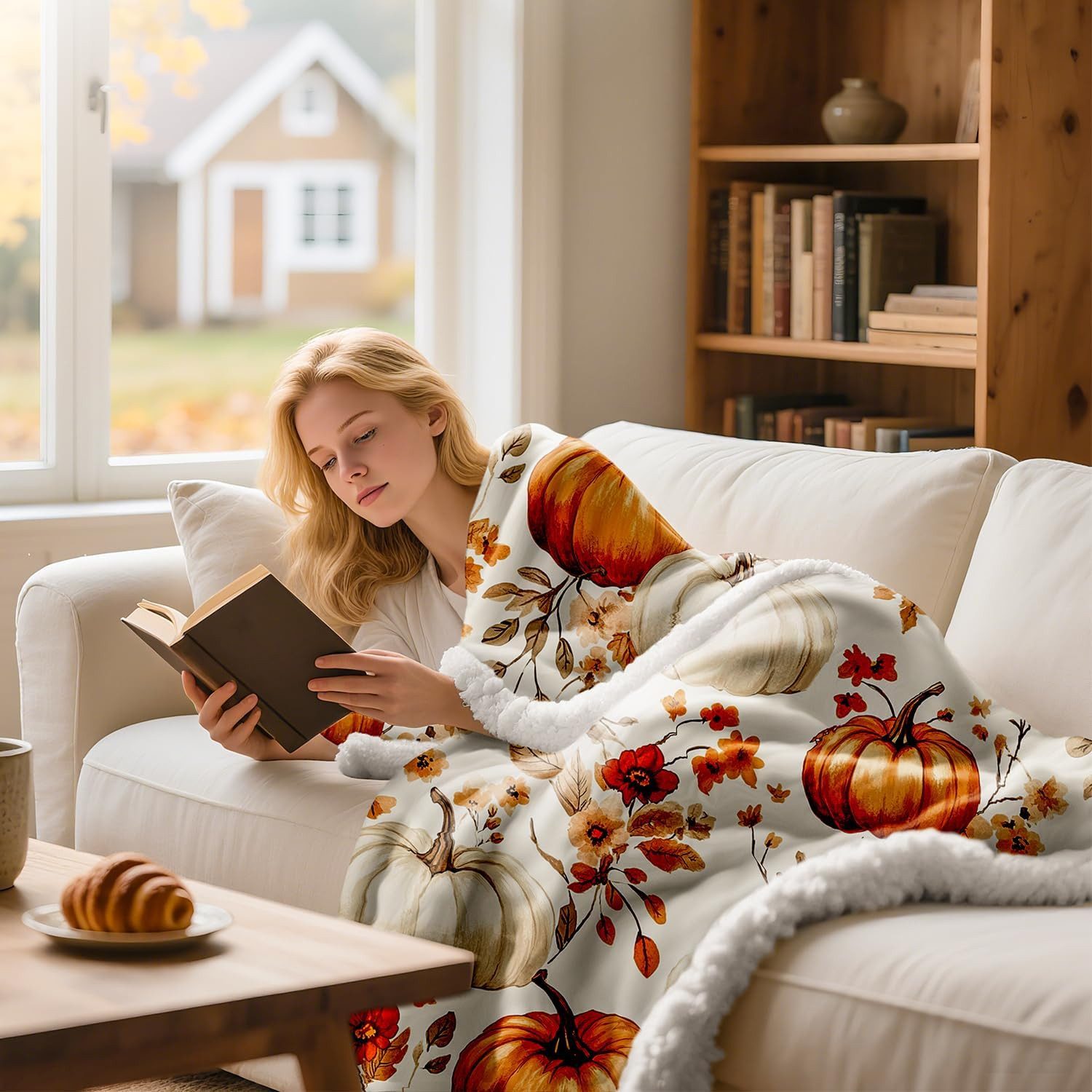 Wohndecke Herbstdecke mit Kürbis- und Blattmotiv, weich, 150 x 130 cm, FOUORTUNATE-BEE, Weiche orange Kuscheldecke für Sofa & Bett, Halloween-Deko – Bild 2 von 5