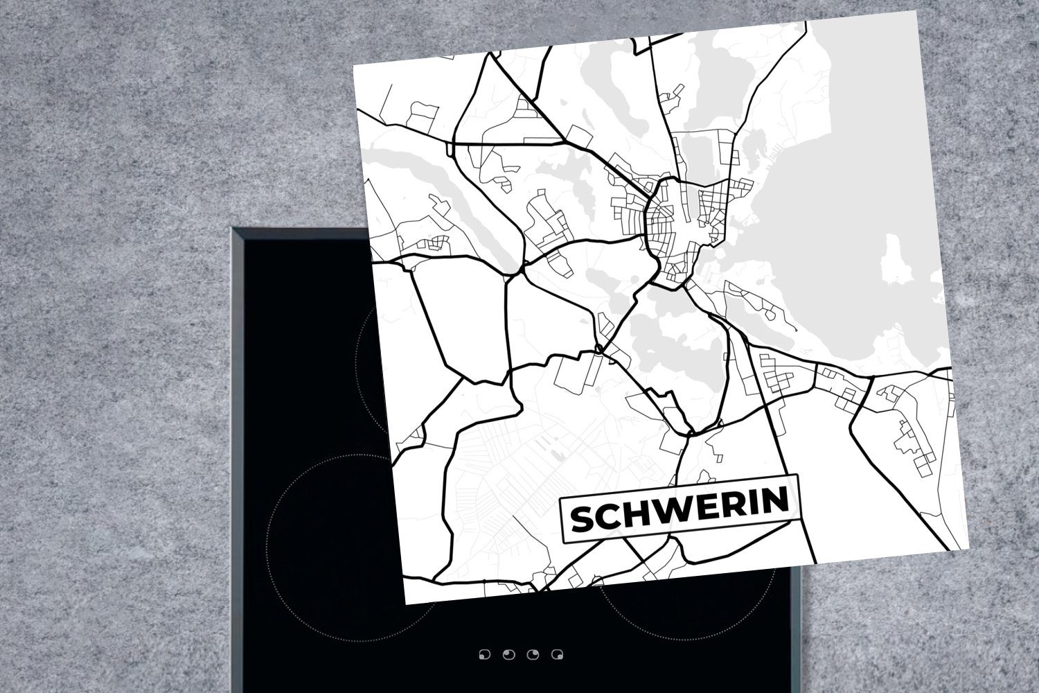 Karte, (1 tlg), Vinyl, - küche Stadtplan für Arbeitsplatte Schwerin Ceranfeldabdeckung, 78x78 Herdblende-/Abdeckplatte MuchoWow cm, -