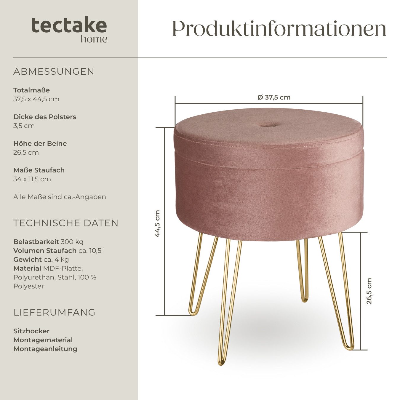tectake Sitzhocker Schminkhocker Ava gepolstert in Samtoptik 300kg mit Stauraum, rund
