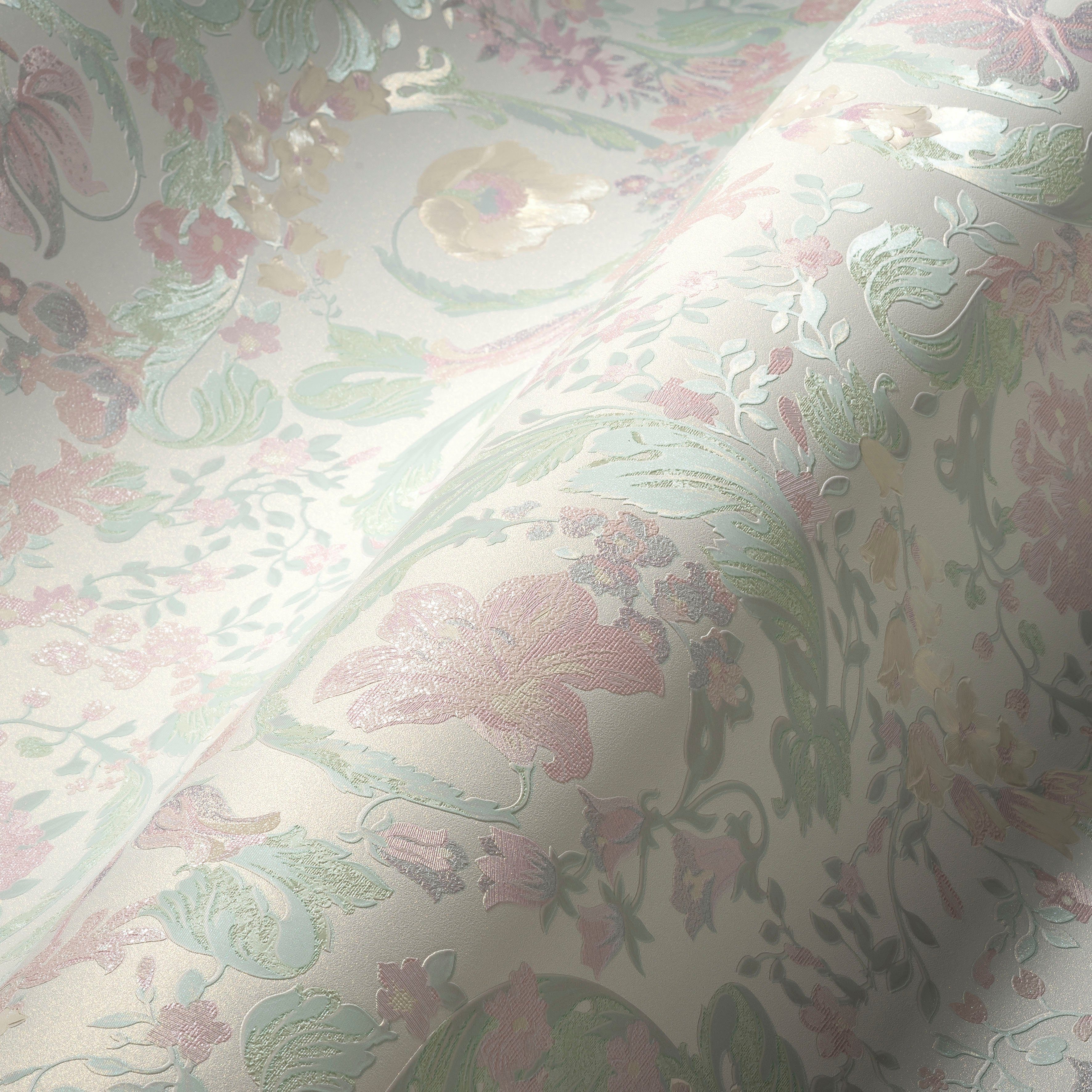 Designertapete Vliestapete strukturiert, 5 Wallpaper Versace St), (1 Floral, leicht mint/rosa/weiß glänzend, Versace leicht