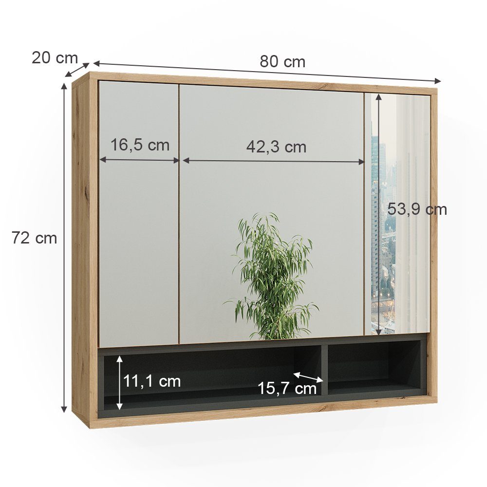 Vicco Badezimmerspiegelschrank Beatrice, Eiche/Anthrazit, 80 x 72 cm (1-St)