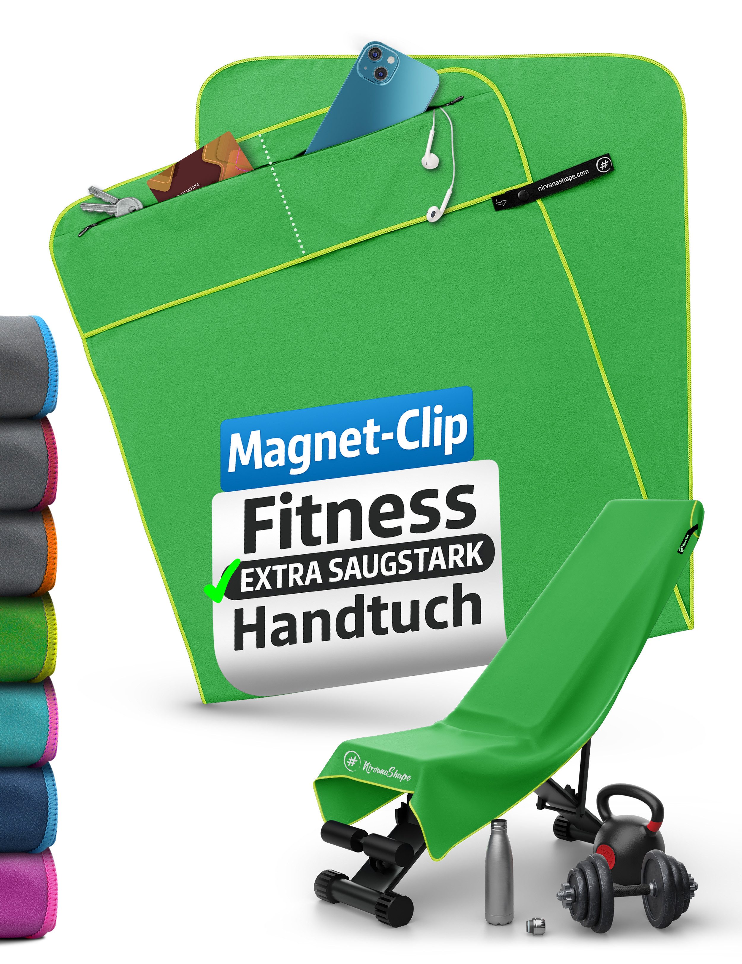 NirvanaShape Sporthandtuch Fitness-Handtuch mit Magnet-Clip, Mikrofaser Sporthandtuch, Microfaser, 2x Reißverschlusstaschen & Funktionaler Geräteüberzug, Ultra-Saugfähig