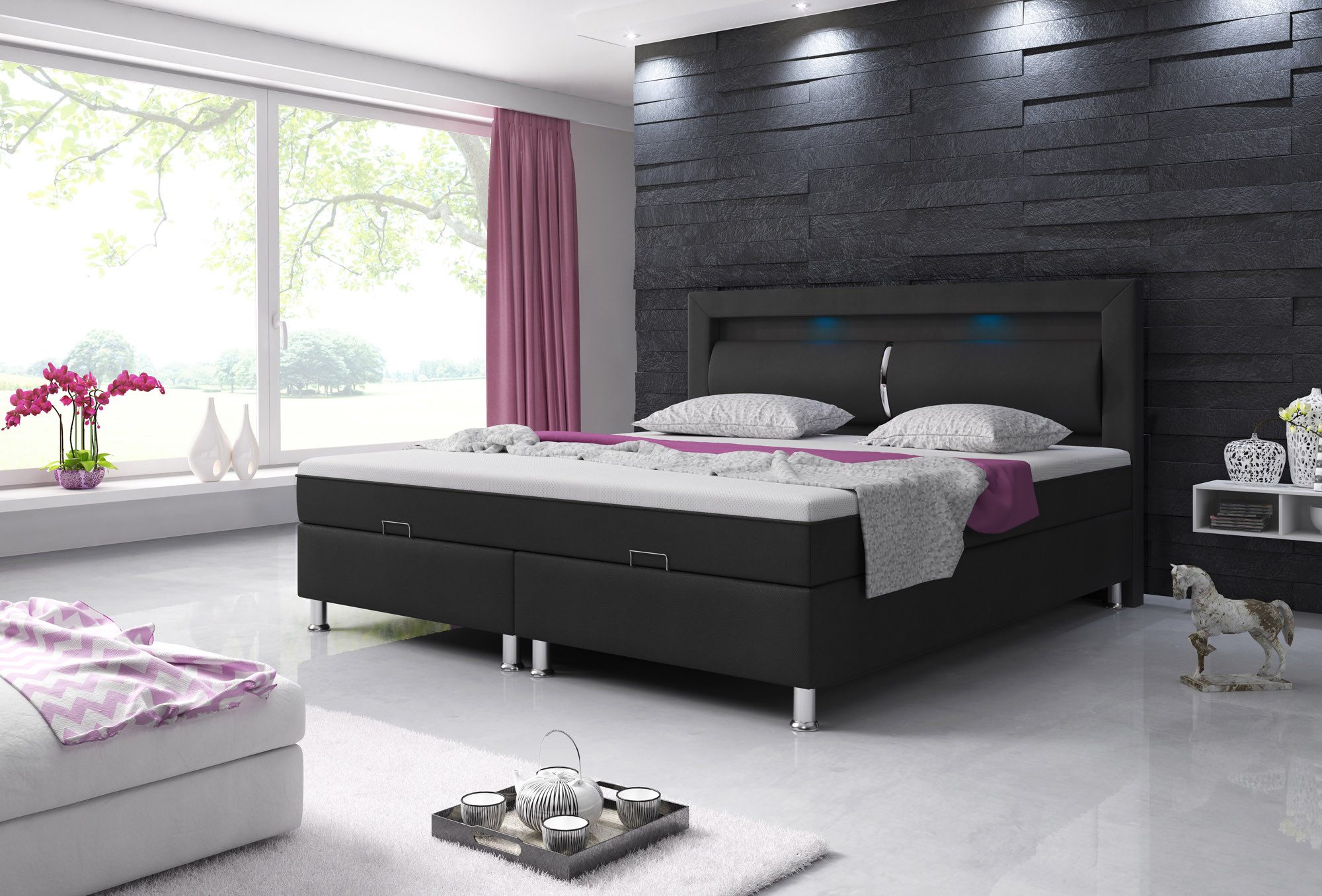 inter Boxspringbett Milano 180x200cm Bettkasten Kunstleder mit Topper-Optik (Komplettes Set), Bettkasten Kunstleder