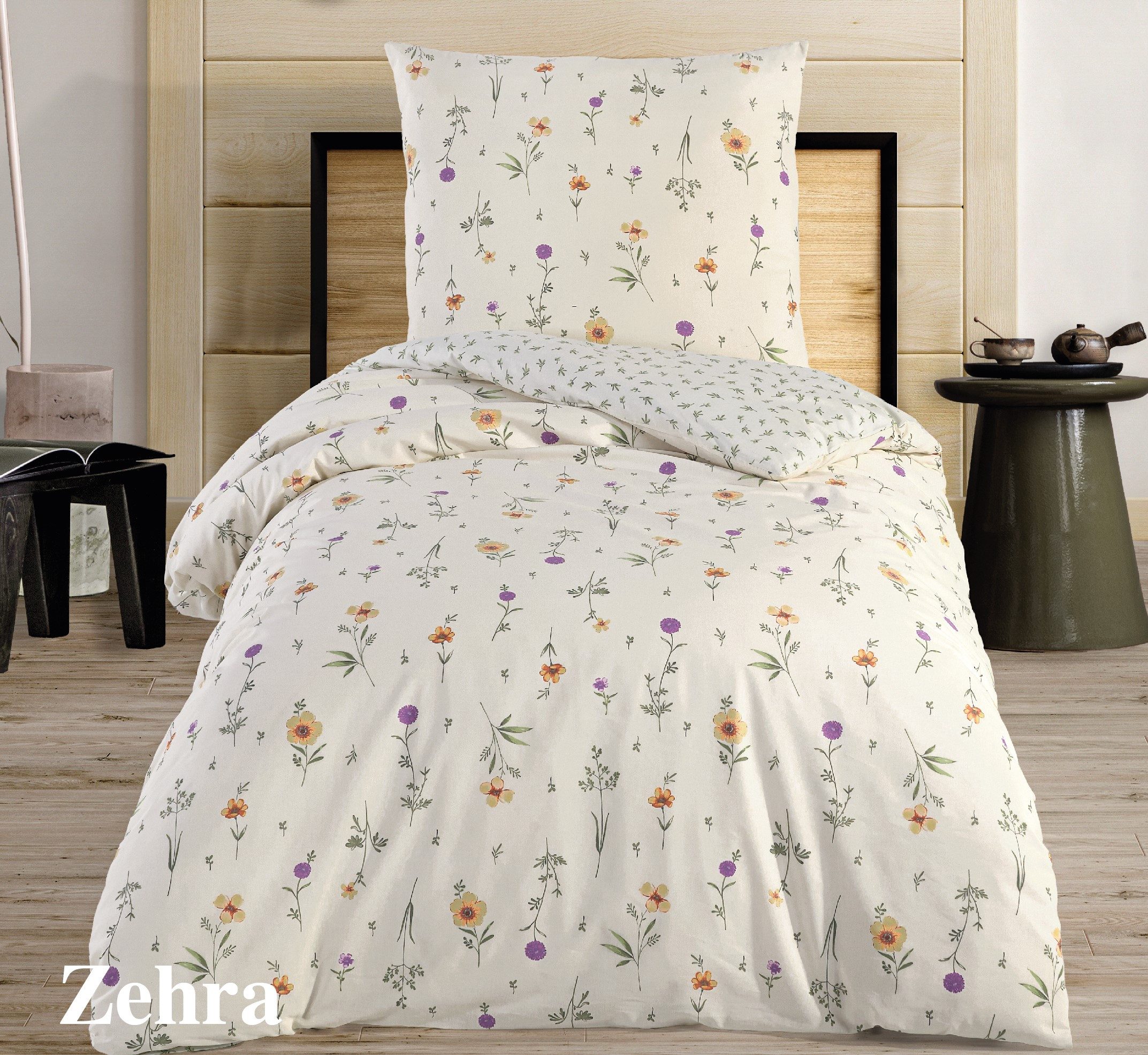 Leonado Vicenti Wendebettwäsche 135x200 Bezug 80x80 Kissen Set Hochwertige Polycotton Beige Blumen, Renforcé, 2 teilig, mit verdecktem Reißverschluss, Wendebettwäsche
