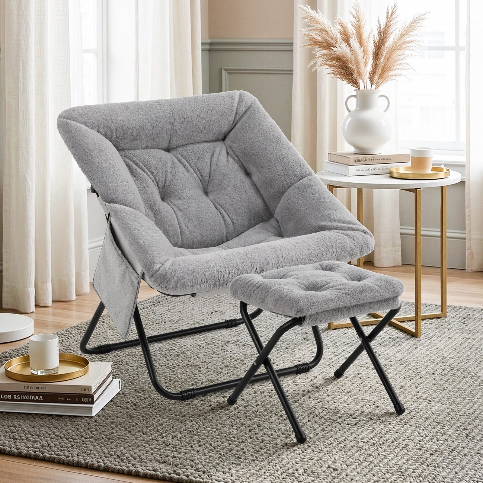 TLGREEN Relaxsessel,klappbarer Lounge-Sessel mit Hocker, (Weicher Kunstfell-Lesesessel, Relaxsessel mit Hocker),Ideal für Wohnzimmer, Schlafzimmer & Spielzimmer