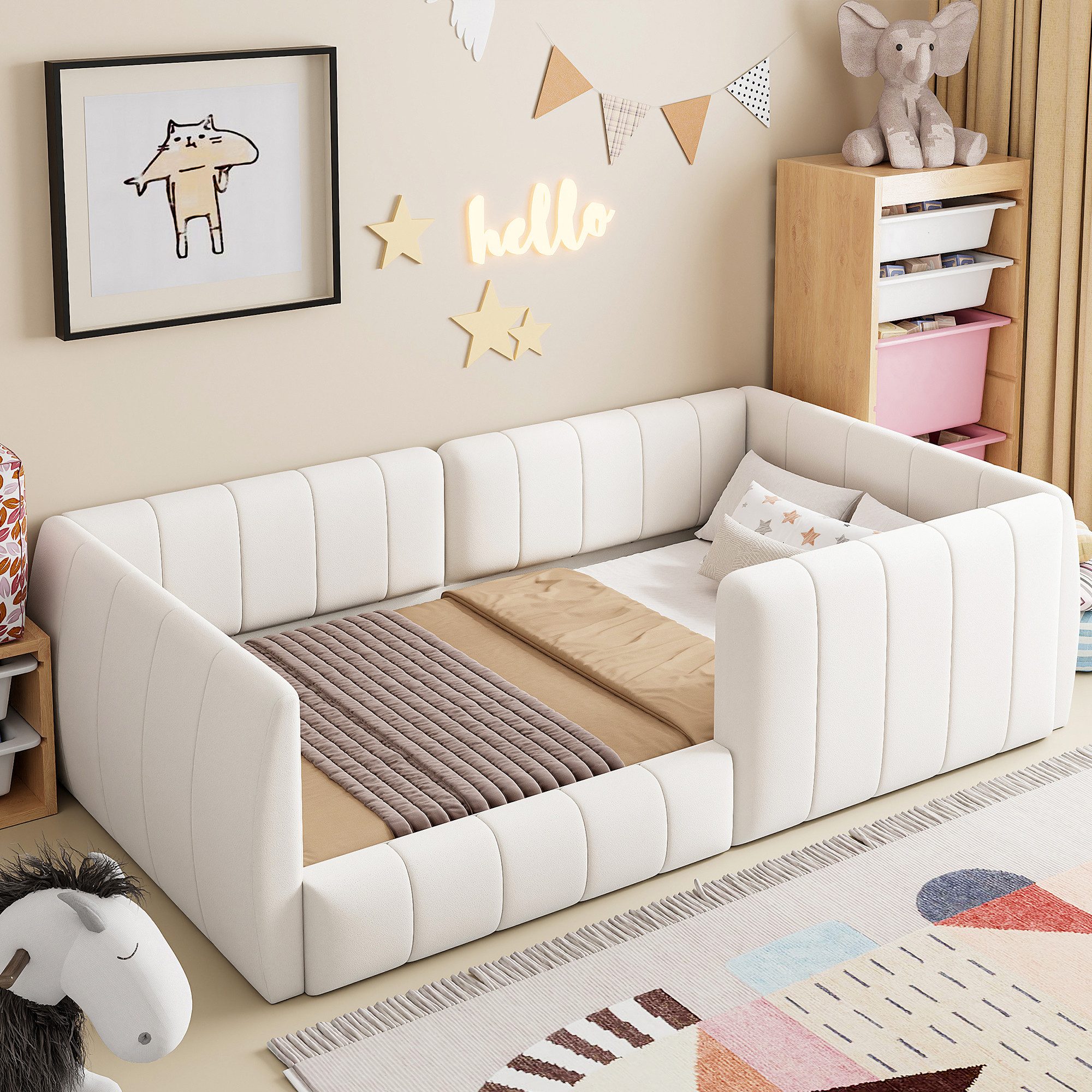 Flieks Polsterbett, Daybett Kinderbett Bodenbett 90x200cm mit Sicherheitsgeländer