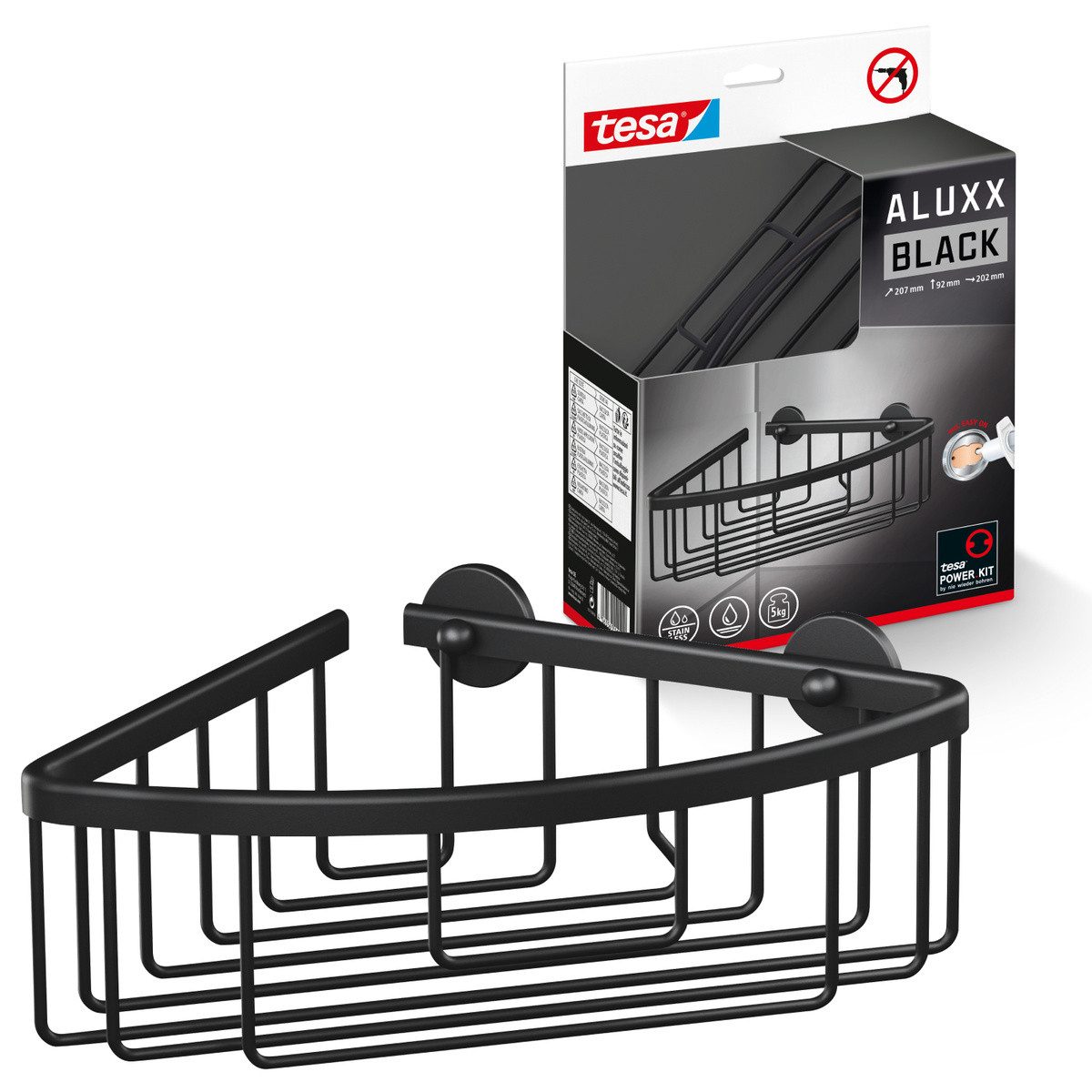 tesa Duschregal Aluxx Black Eck-Duschablage, einstöckig, 1-tlg., mit Klebelösung zur Wandmontage ohne Bohren