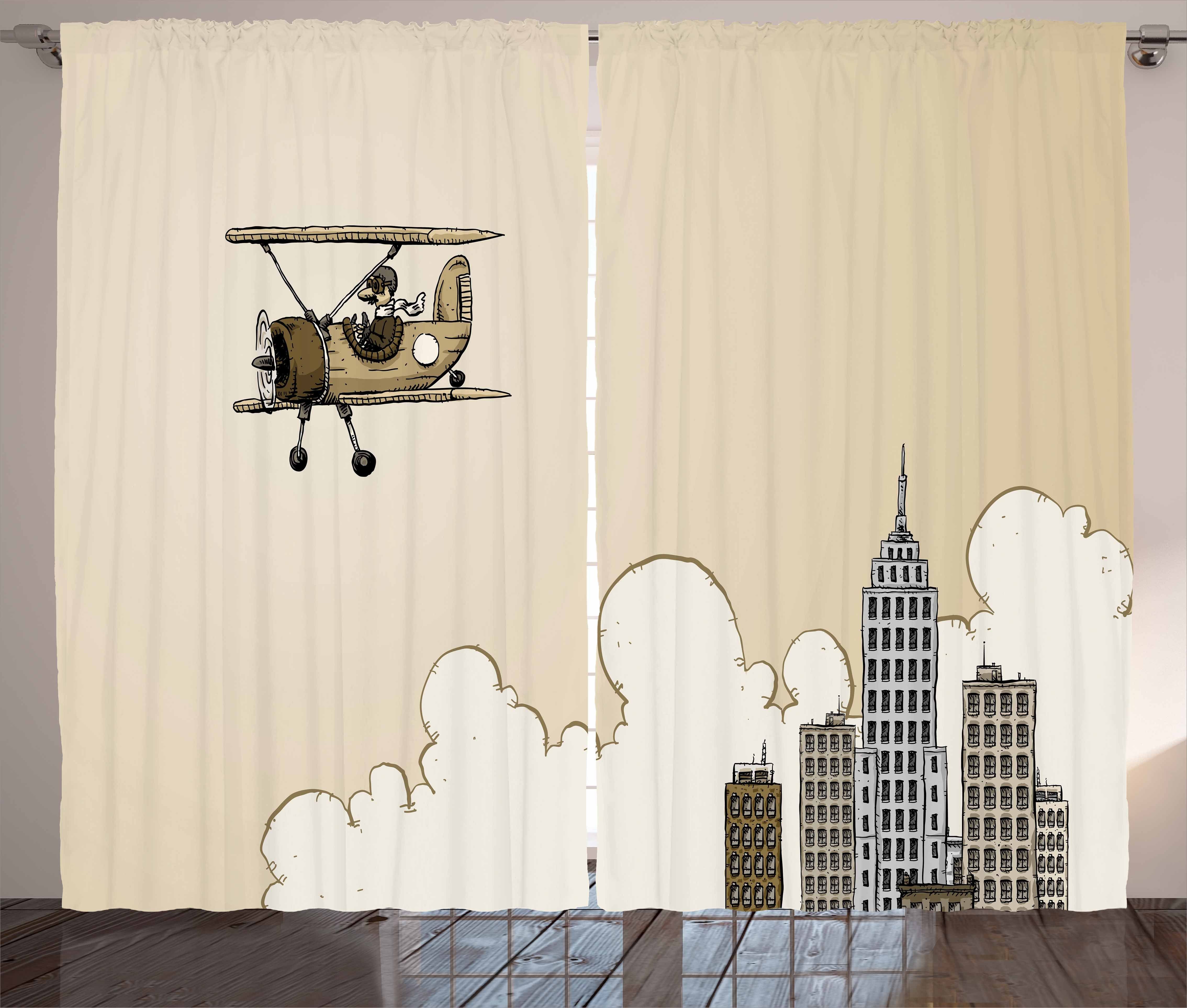 Gardine Schlafzimmer Kräuselband Vorhang mit Schlaufen und Haken, Abakuhaus, Weinlese-Flugzeug Cartoon Flugzeug