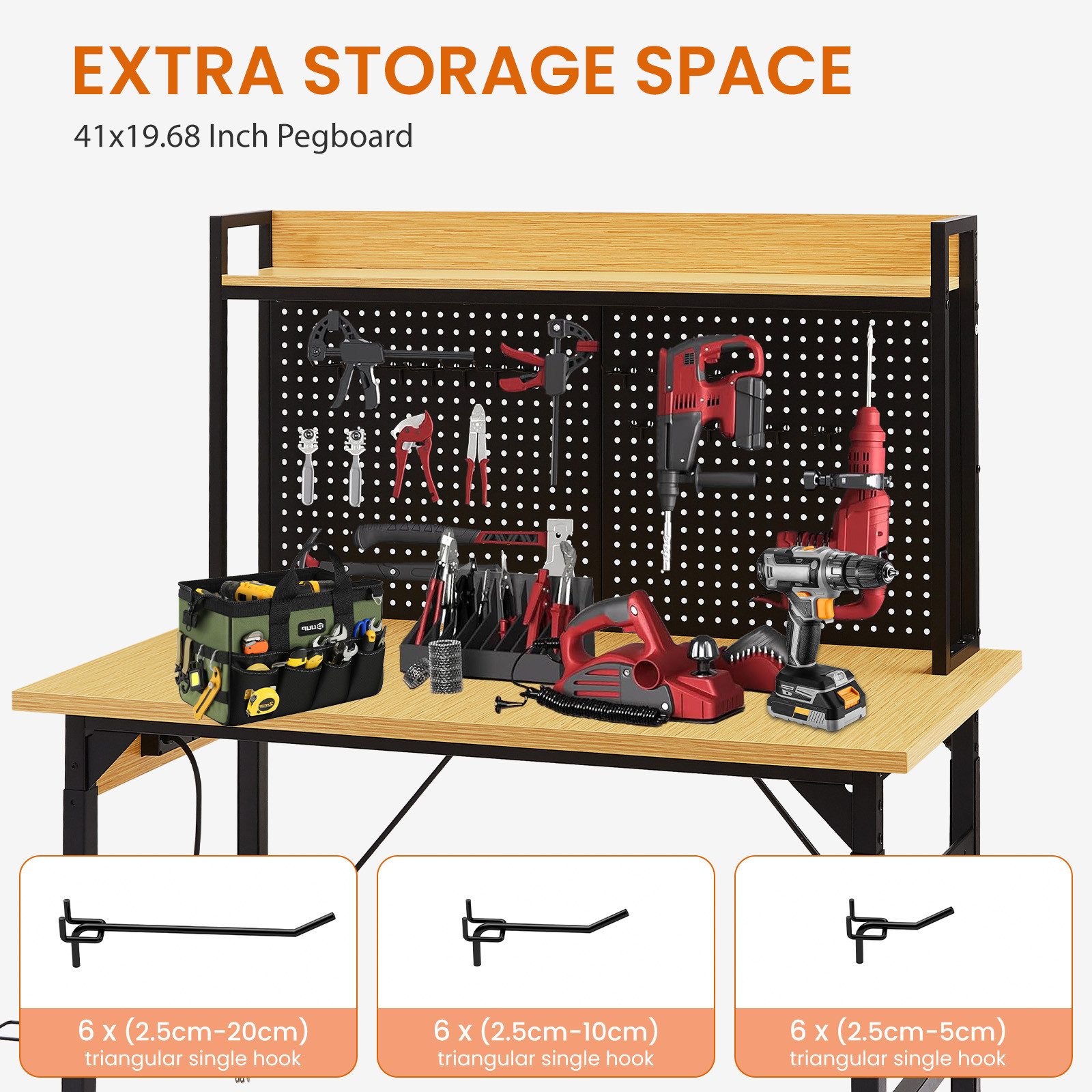 Yorbay Werkbank Höhe verstellbar mit Lochwand, 700 kg Tragkraft, mit AC/USB-Anschluss, rollbare Werkbank mit Haken, Ablage, 120cm Breit