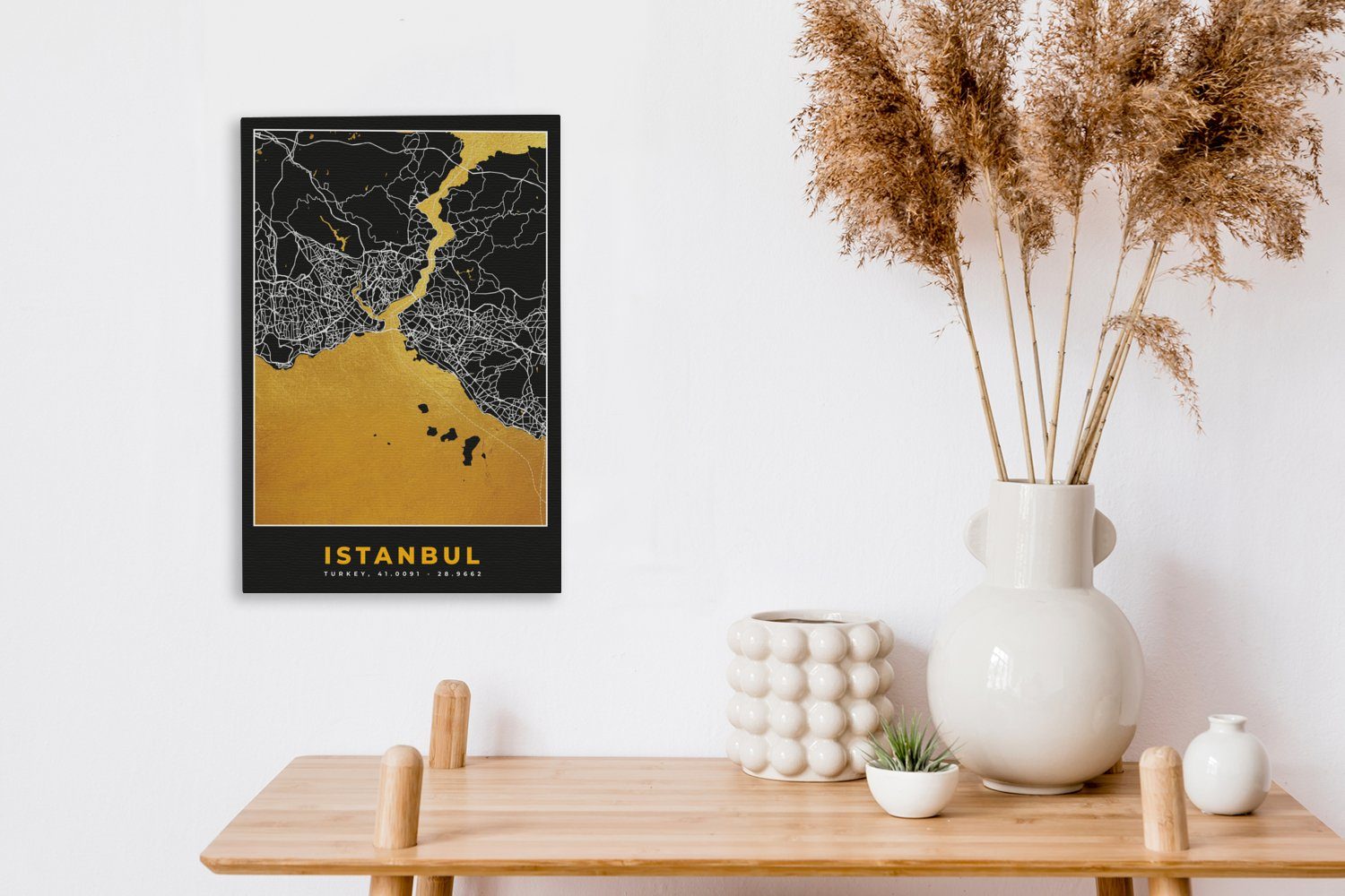 Stadtplan Istanbul Leinwandbild St), (1 - Gemälde, Gold inkl. bespannt - cm Karte, 20x30 Leinwandbild - Karte OneMillionCanvasses® - fertig Zackenaufhänger,