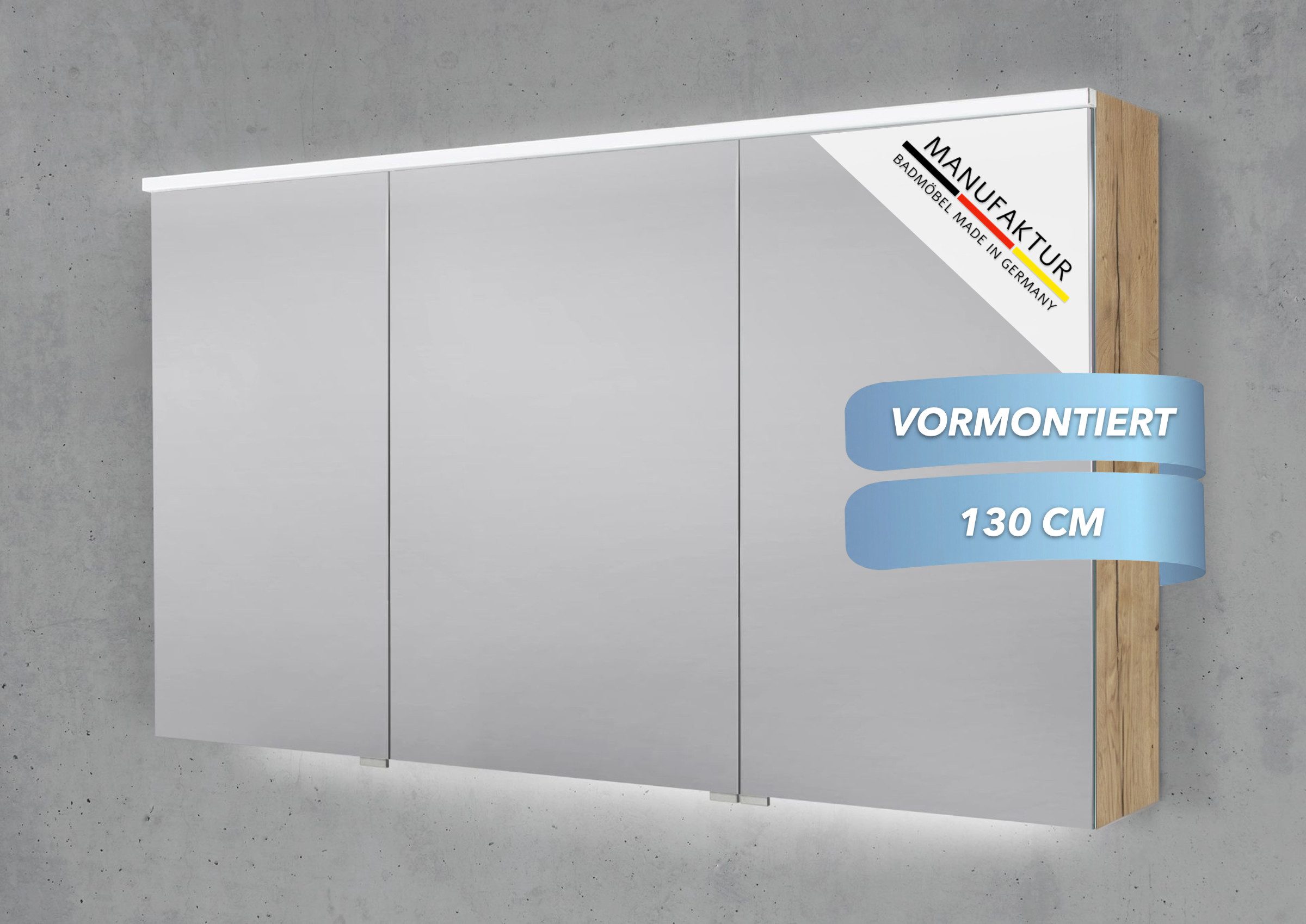 Intarbad Badezimmerspiegelschrank 3-türiger Spiegelschrank mit MULTI LED Beleuchtung, stufenlos dimmbar (Doppelspiegeltüren, Holz-/ Lackdekore, Maße von 90 bis 180 cm wählbar, Höhe 71,8 cm, Glasfachböden, Magnetleiste & Kosmetikspiegel Ø 12 cm) Vormontierte Lieferung, Floatglas, 160 kg Traglast, Made in Germany