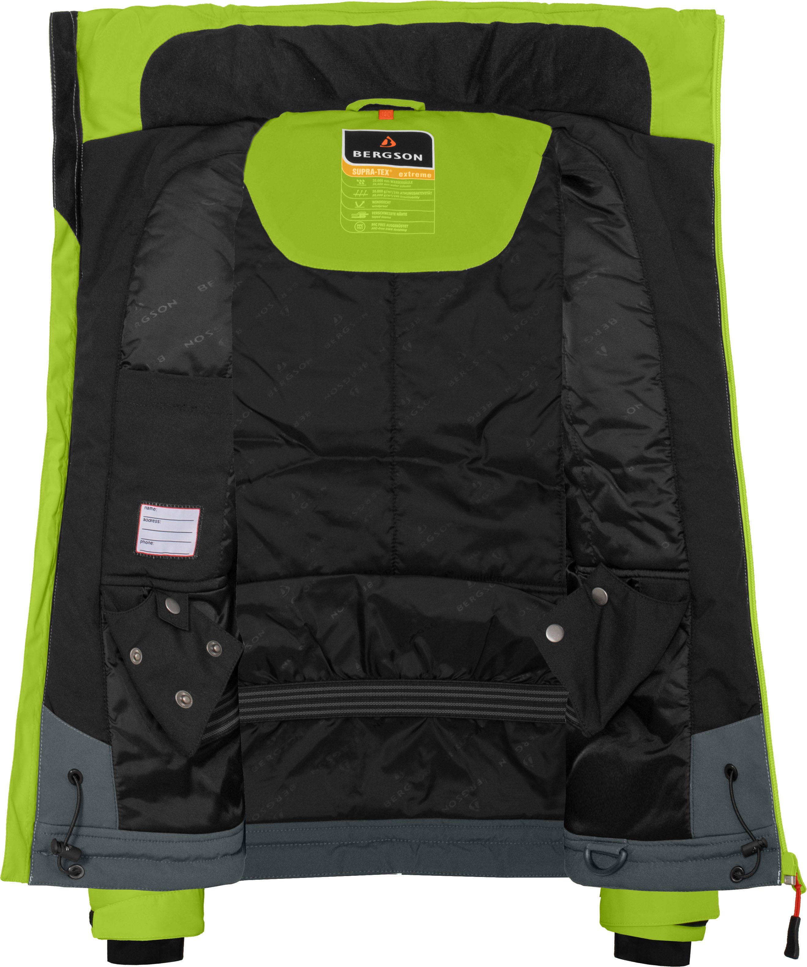 mm 20000 Kinder Skijacke Winterjacke lime Bergson Normalgrößen, Skijacke, Wassersäule, Mädchen wattiert, LIESKA grün