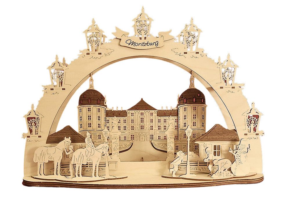 DeColibri LED Schwibbogen LED Schwibbogen Dresden Schloss Moritzburg 3D Optik, Erzgebirge Weihnachten Handwerkskunst
