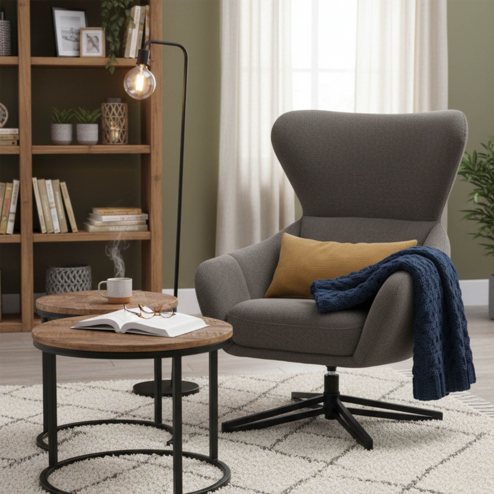 bene living Loungeset Couchtisch Fermo und Ohrensessel Marconia dunkelgrau, (Indoor-Möbelset, 3-tlg), durchgehende Arm- und Rückenlehne - stabiles Metall-Gestell