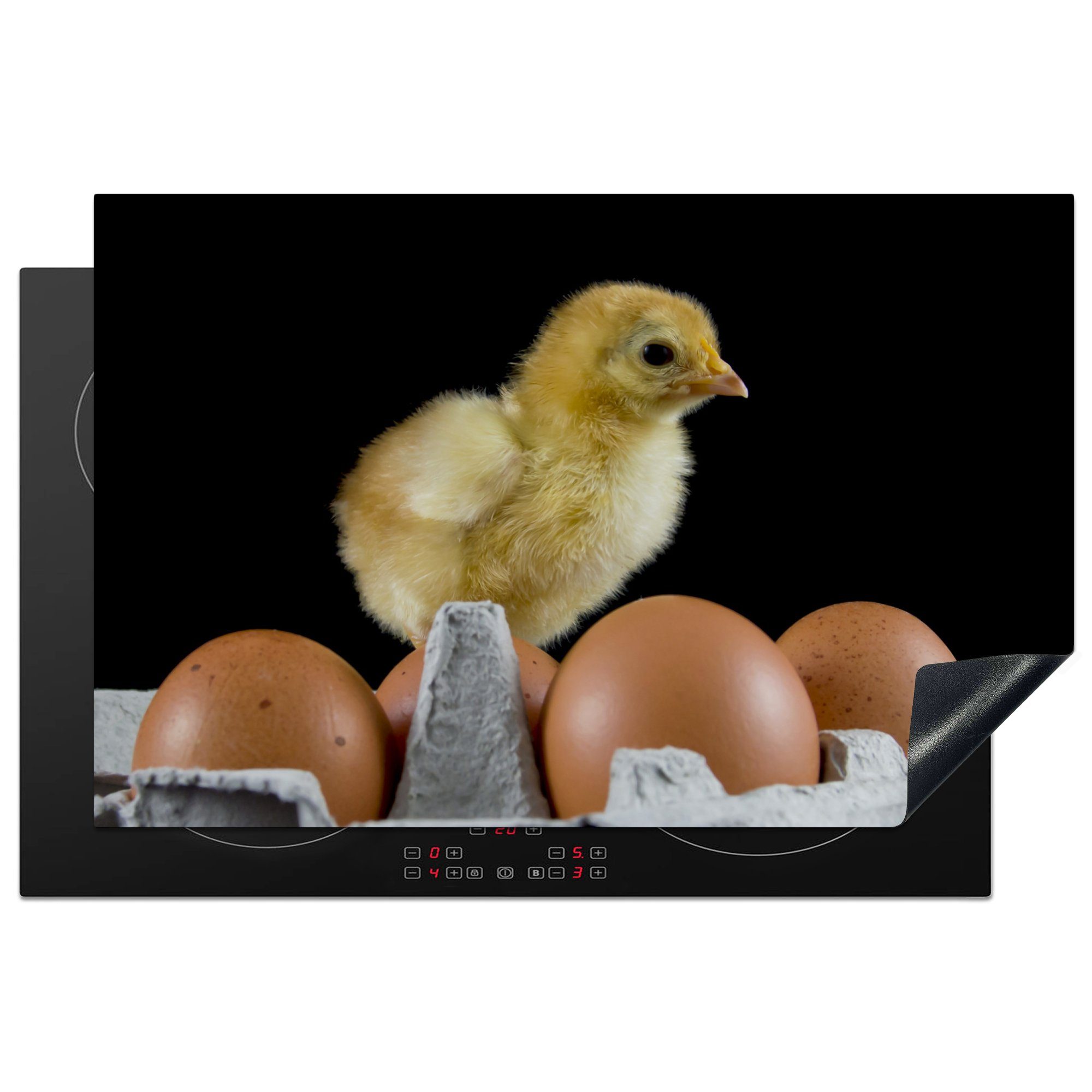 MuchoWow Herdblende-/Abdeckplatte Ein Küken auf Hintergrund, (1 cm, schwarzem Induktionskochfeld 81x52 Ei für tlg), auf Vinyl, die küche, Ceranfeldabdeckung Schutz einem