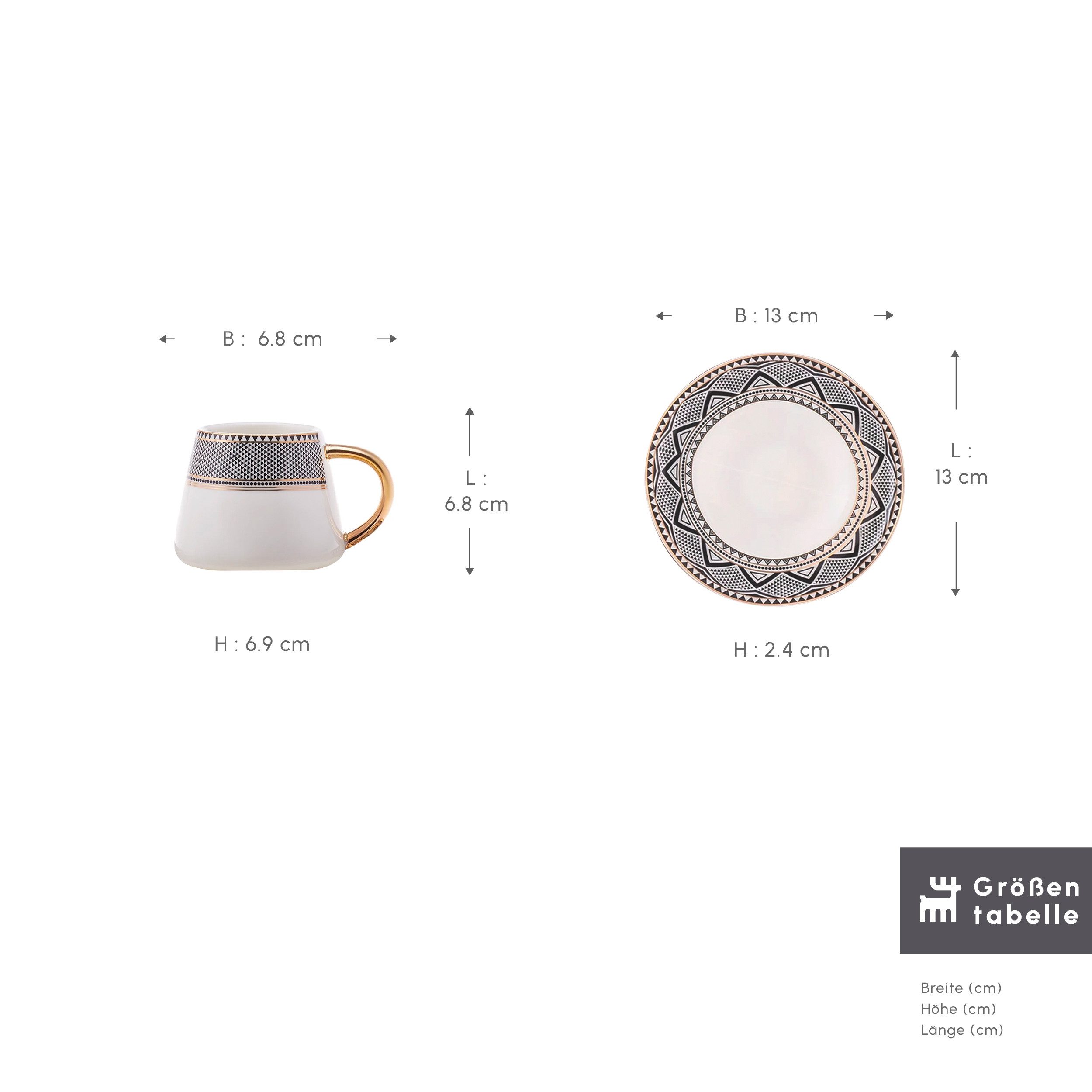 Karaca Kaffeeservice Karaca Globe 80 ml Kaffeetasse mit Untertasse Set 6 Personen, Schwarz