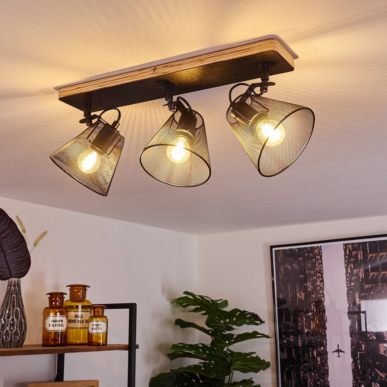 Leuchtmittel, E14, hofstein Metall schwarz Leuchtenköpfe »Tino« schwenkbar und aus Holz, Zimmerlampe, Deckenleuchte Wandlampe sind ohne