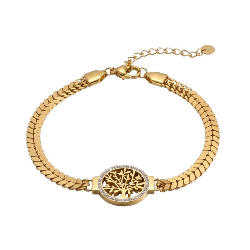 KARMA Armband Damen Lebensbaum Edelstahl vergoldet modern (Hypoallergen wasserfest rostfrei, 1-tlg., Schmuck für Frauen Gold Edelstahlarmband), Damenarmband 18 cm Karabinerverschluss