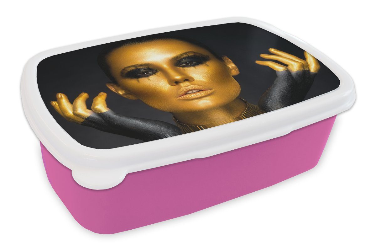 MuchoWow Lunchbox Frau - Porträt - Gold - Luxus - Schwarz, Kunststoff, (2-tlg), Brotbox für Erwachsene, Brotdose Kinder, Snackbox, Mädchen, Kunststoff rosa