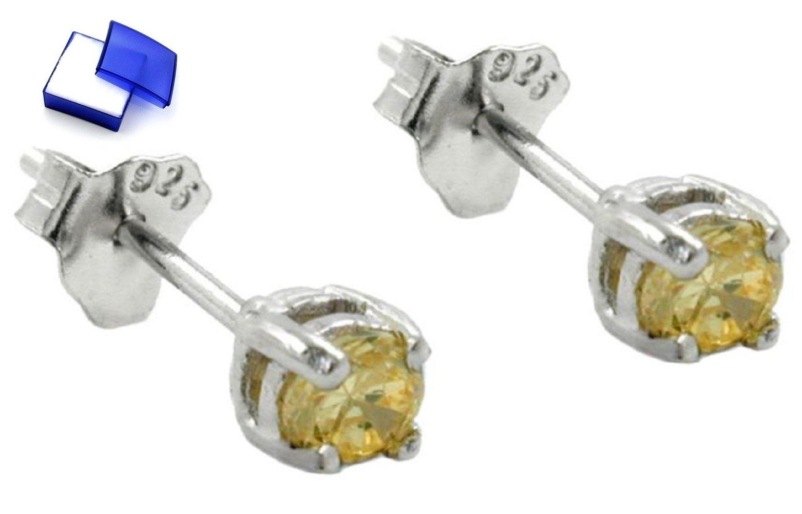unbespielt Paar Ohrstecker Ohrringe Glasstein gelb-citrin rhodiniert 925 Silber 3 x 3 mm, Silberschmuck für Damen und Herren