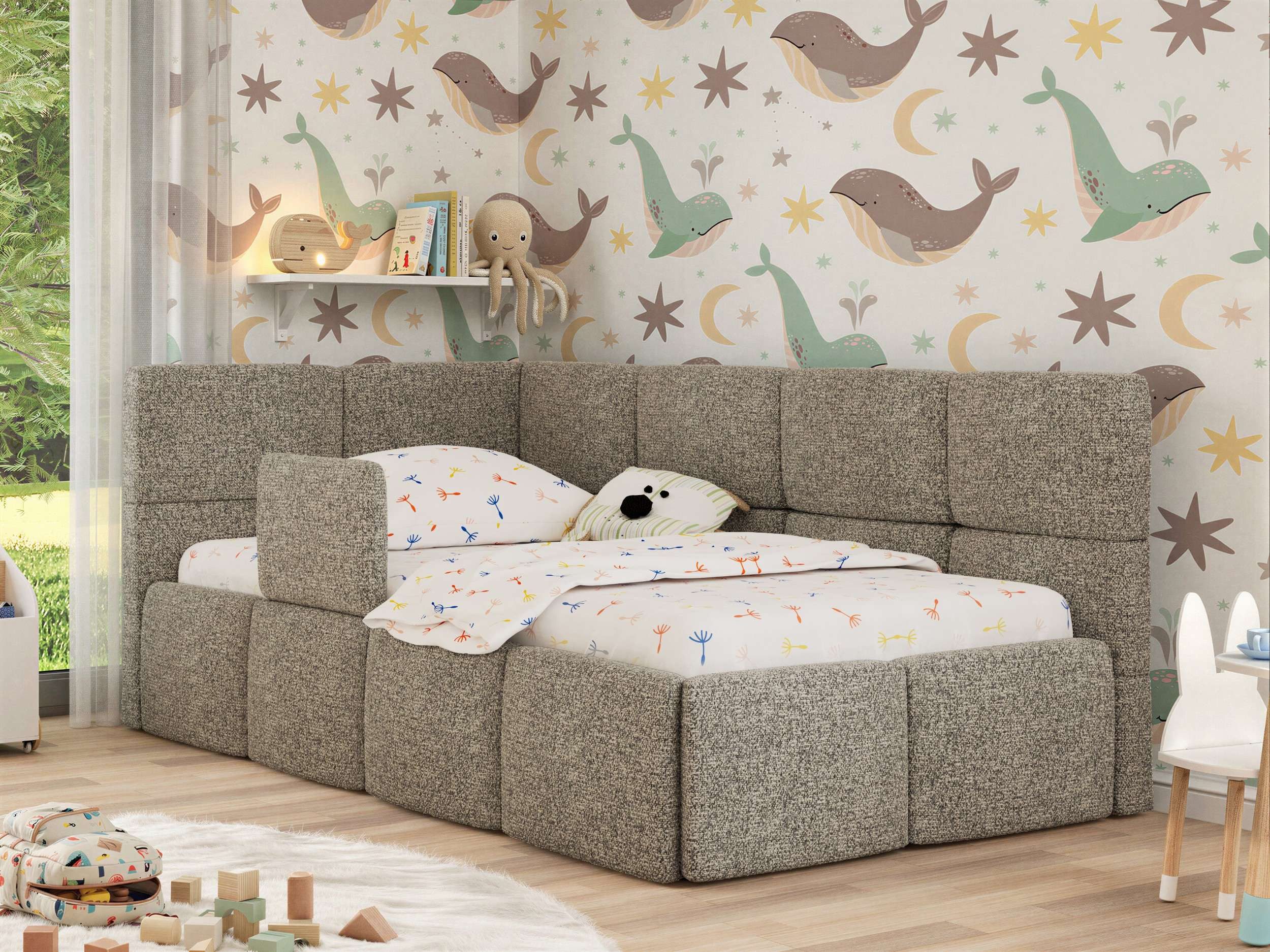 MKS MÖBEL Kinderbett ARVO ALTA (Set, inkl. Lattenrost, Bettkasten, Sicherheitsbarriere & Kopfteil), Eckbett mit Stauraum, Rausfallschutz & Gasdruckfedern