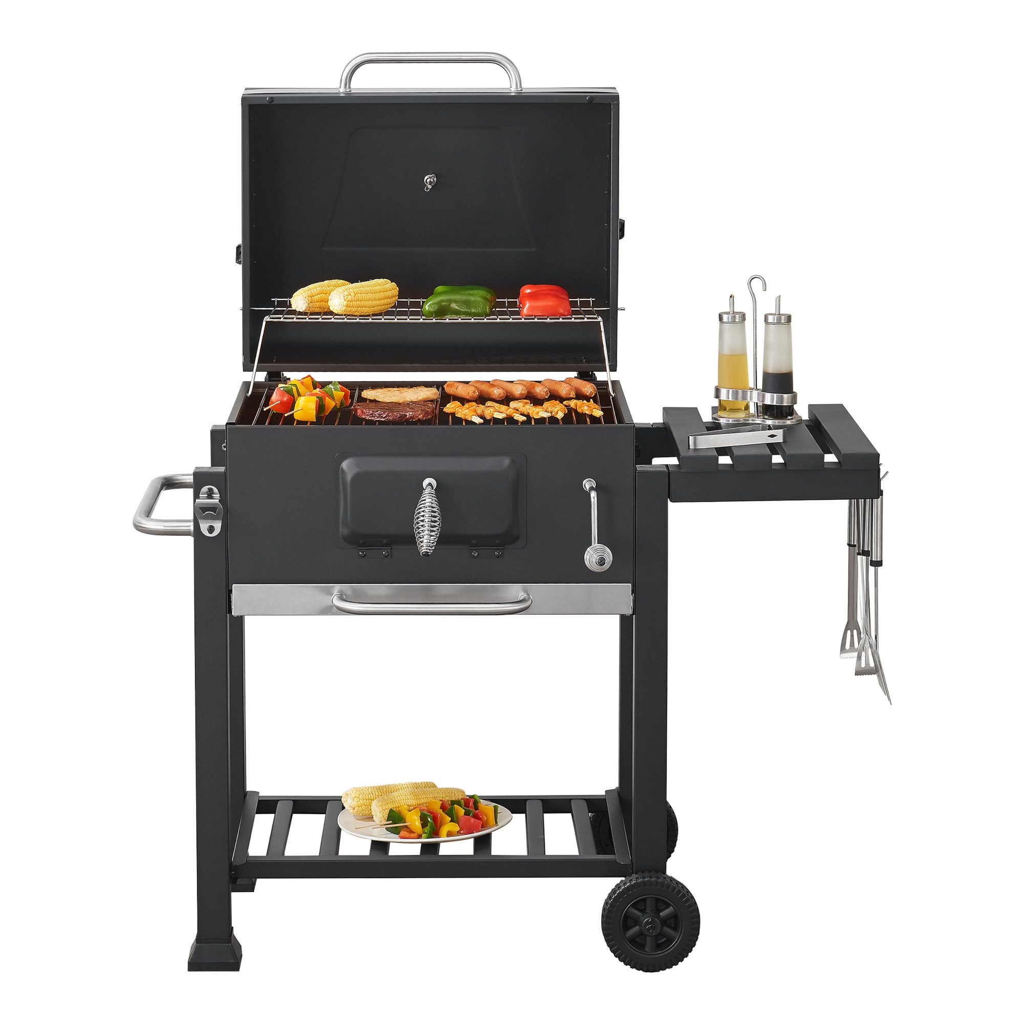 casa.pro Holzkohlegrill, »Arnad« Grillwagen mit klappbarer Ablage 105x114x47,5cm Schwarz