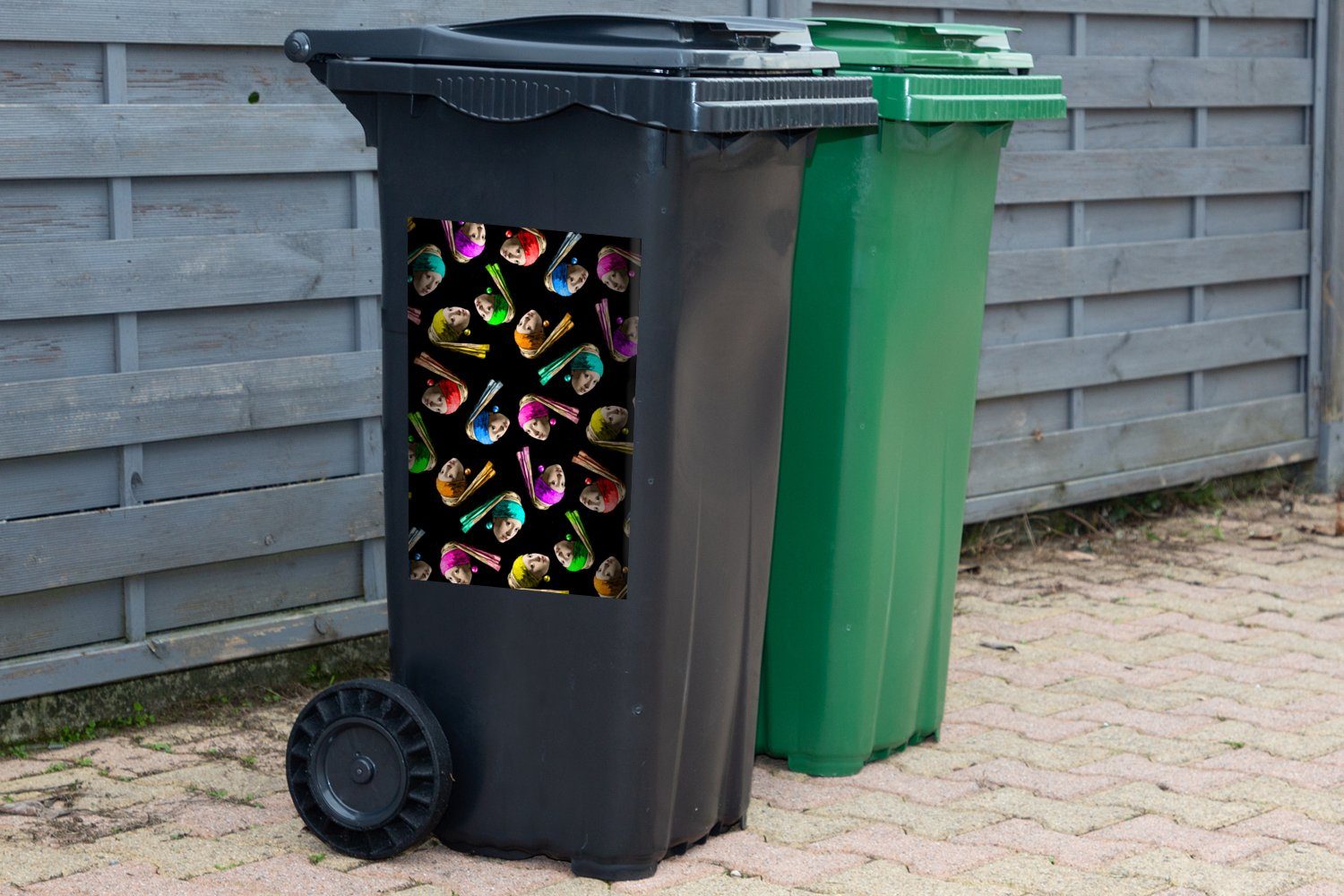 Perlenohrring Abfalbehälter Container, Mädchen mit Muster einem Mülltonne, St), - Mülleimer-aufkleber, Wandsticker MuchoWow Sticker, - (1 Regenbogen